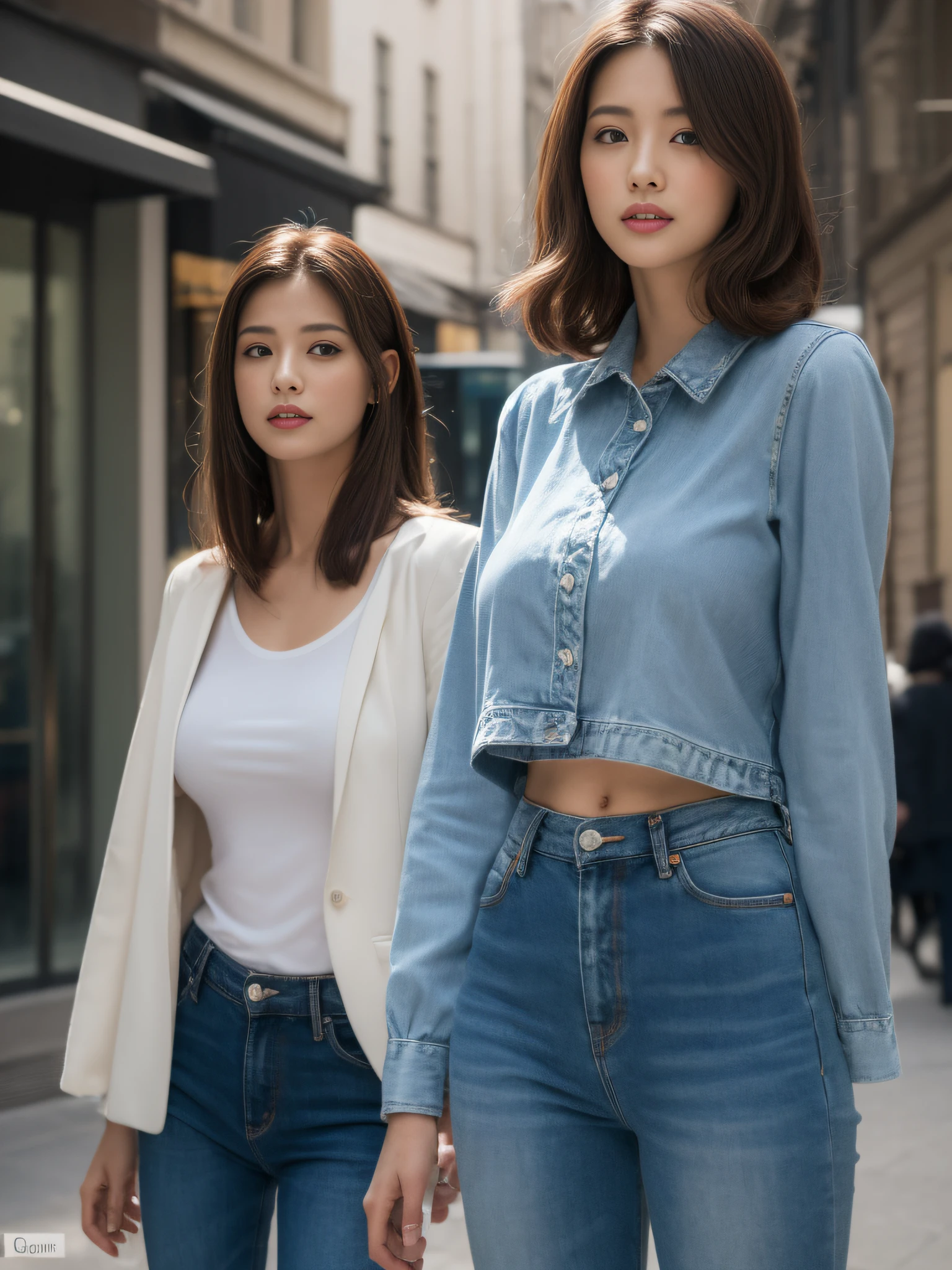 ((Realistic lighting, best qualtiy, 8K, tmasterpiece:1.3)), sharp fokus:1.2, 1个Giant Breast Girl, full bodyesbian,nipple tops,blue denim pants,high-heels,Beautiful Women with Perfect Figure:1.4, ((dark brown hair)), Ultra-fine face,Fine eyes,二重まぶた,(Outdoor 1.1),the city street