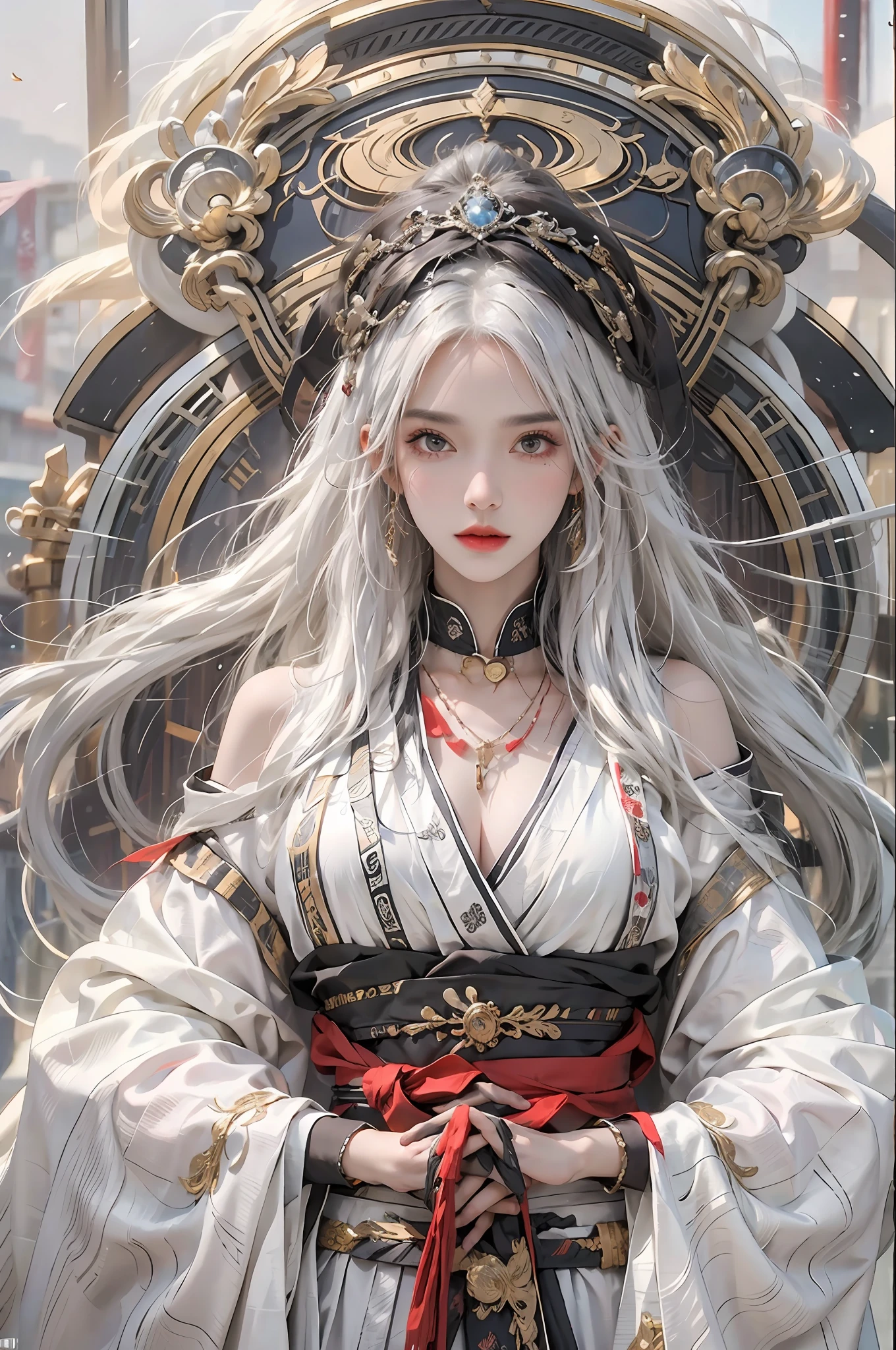 photorealistic, high resolution, 1women, solo, hips up, look at viewer, (detailed face), white hair, long hair, Taoist robe,oversized clothes, jewelry, midjourney portrait