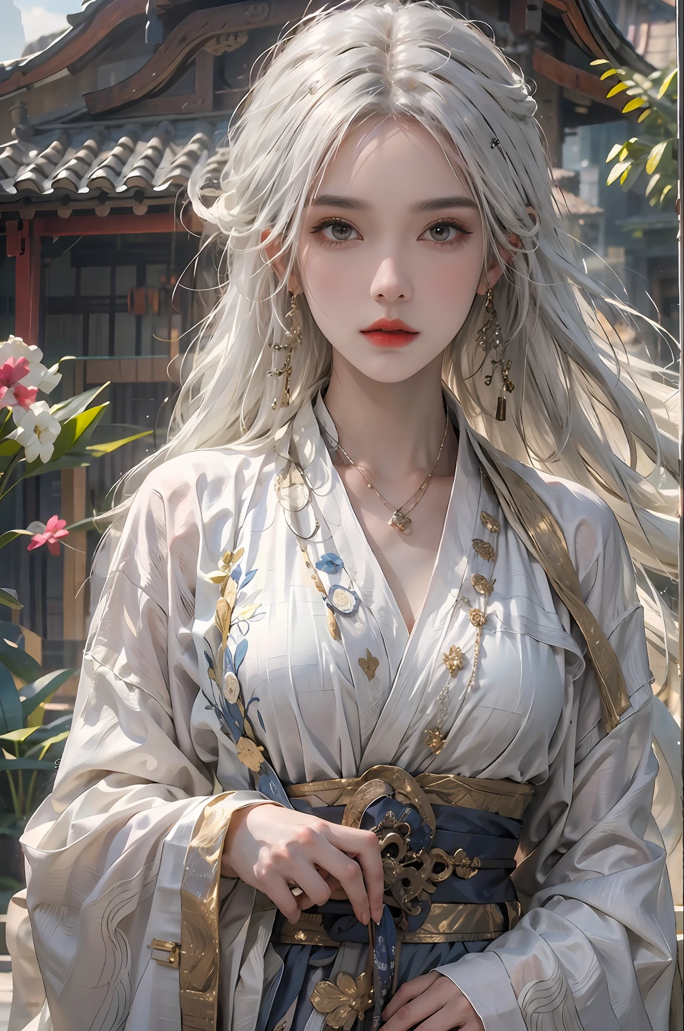 photorealistic, high resolution, 1women, solo, hips up, look at viewer, (detailed face), white hair, long hair, Taoist robe,oversized clothes, jewelry, midjourney portrait