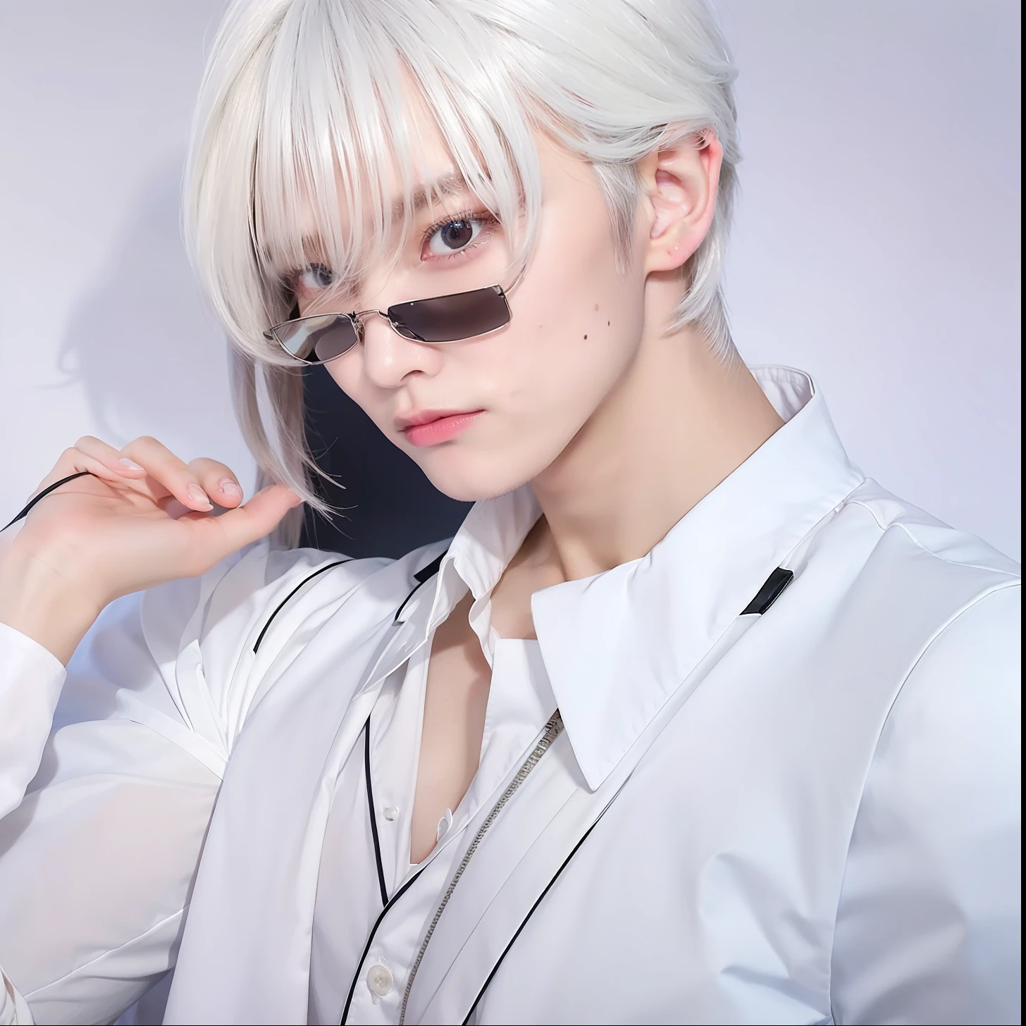 1boy,men face,handsome,closed mouth,long medium hair,white hair,spiky hair,white uniform,open button chest,long sleeve,looking at viewer,realistic,more detail,70 mm lens