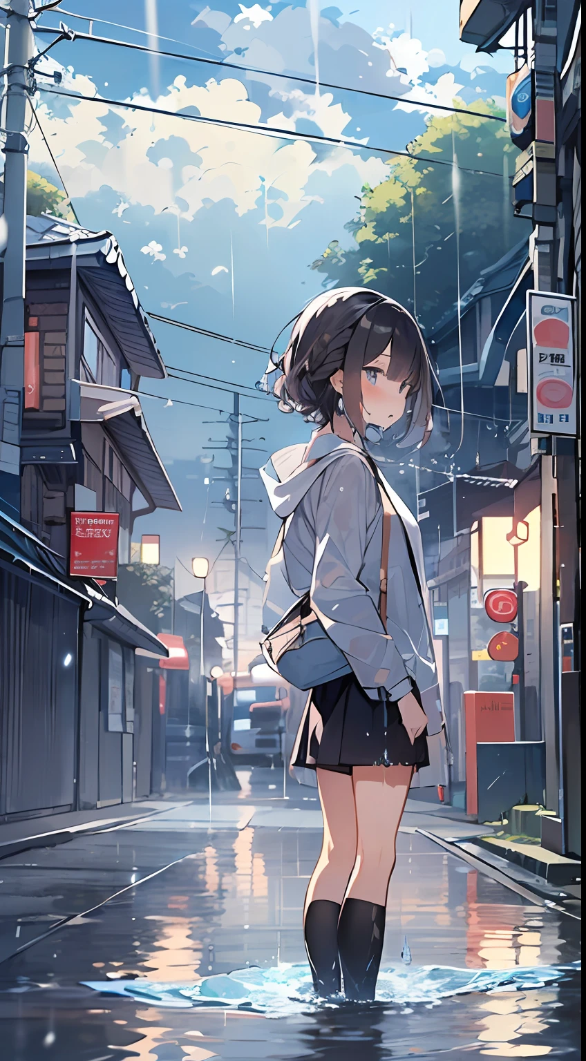 masutepiece, Best Quality,Illustration, Wallpaper, Ultra Detail, absurderes, 1girl in, Solo, (Medium short hair、short braided hair), Beautiful detailed eyes, rainfall、water dripping、wetting hair , Wet clothes, (Street:1.3), Cloudy sky、Hair that flutters in the wind、kirakira
