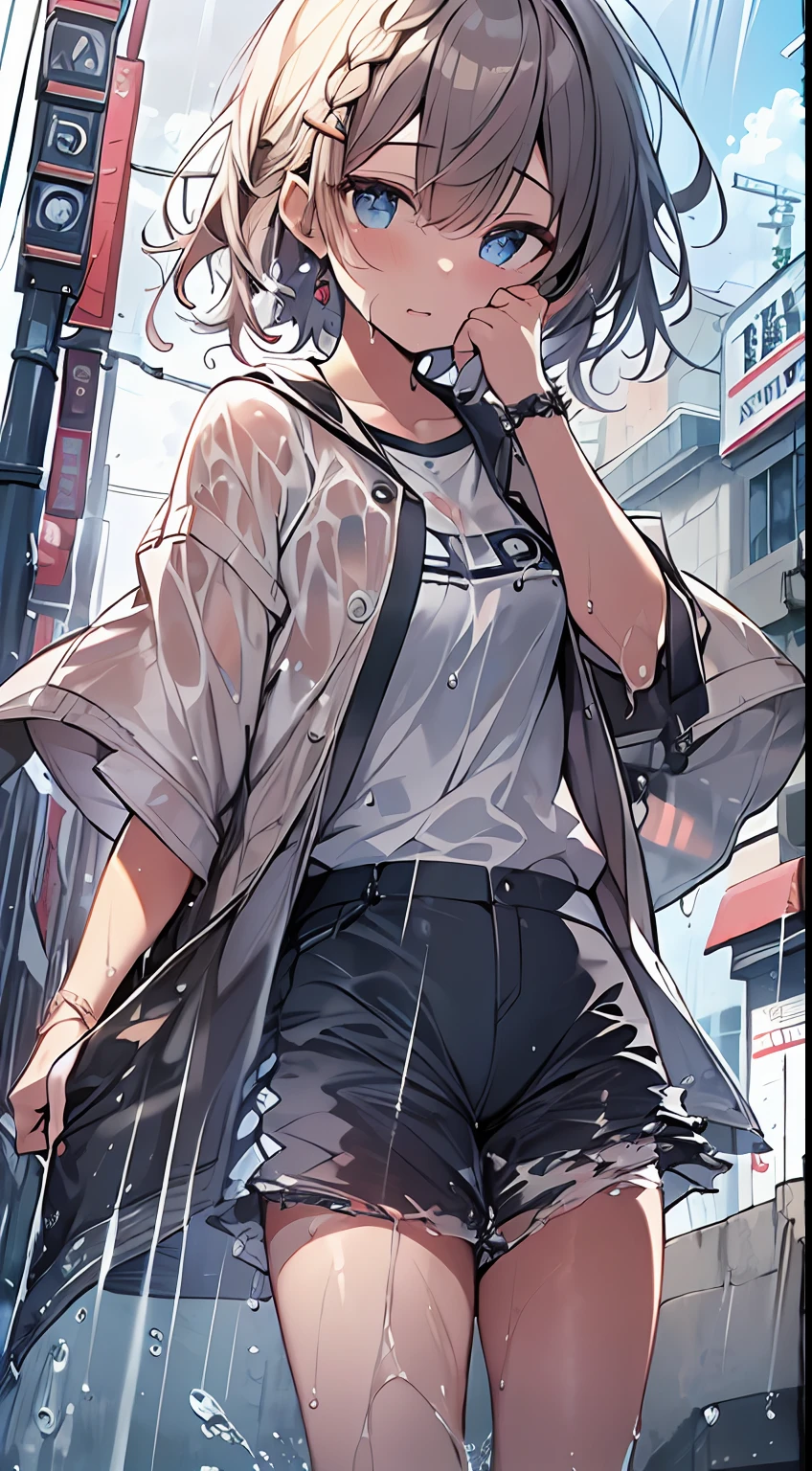 masutepiece, Best Quality,Illustration, Wallpaper, Ultra Detail, absurderes, 1girl in, Solo, (Medium short hair、short braided hair), Beautiful detailed eyes, rainfall、water dripping、wetting hair , Wet clothes, (Street:1.3), Cloudy sky、Hair that flutters in the wind、kirakira