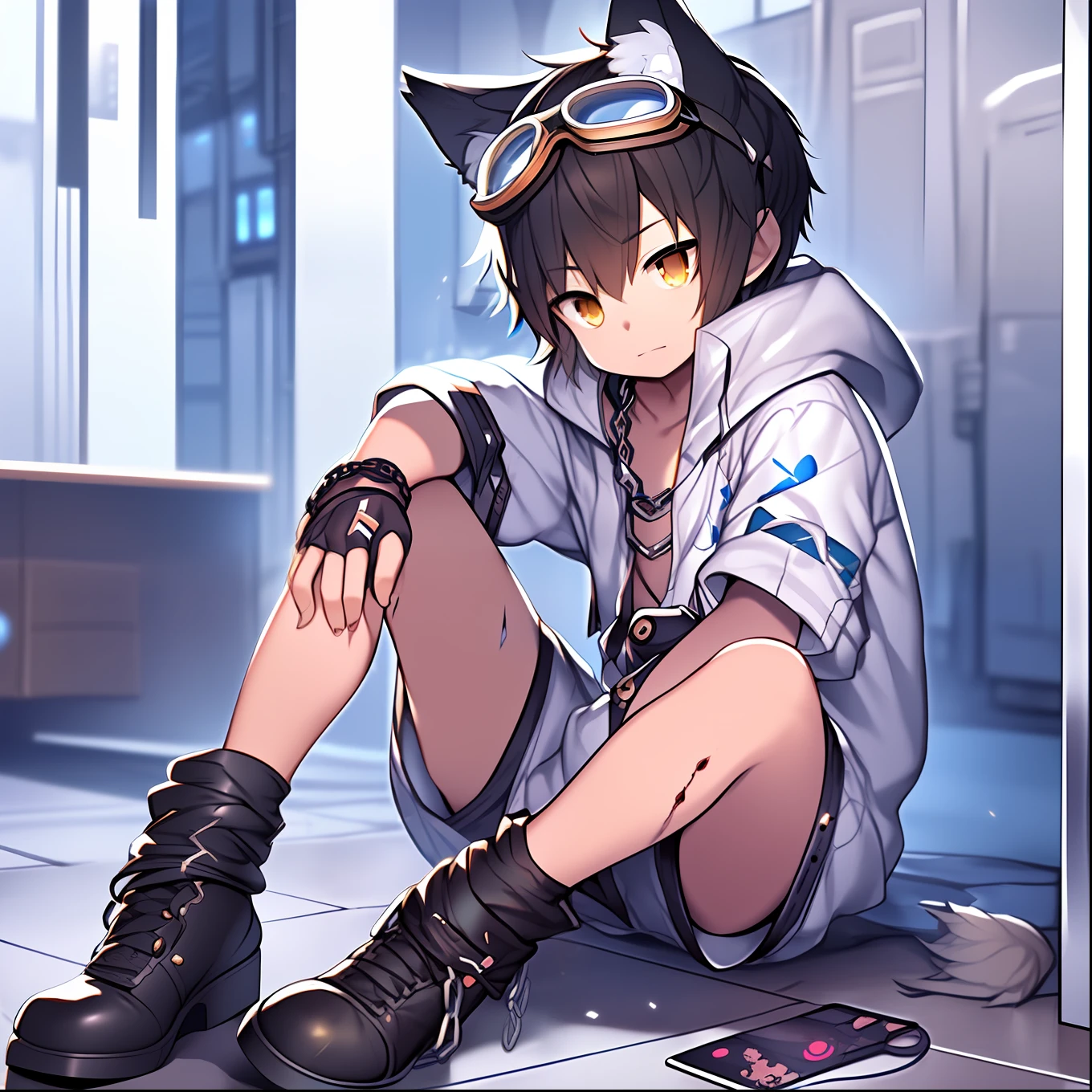 Game CG，(e boy)，(juvenile sense)，Wolf ears，The wound bleeds，painful，Wolf tail，Battle damage，goggles，Fingerless gloves，Chains，combatant，(White one-piece)，belt，Heavy machine boots，Sit with your legs open，Bright light，Room