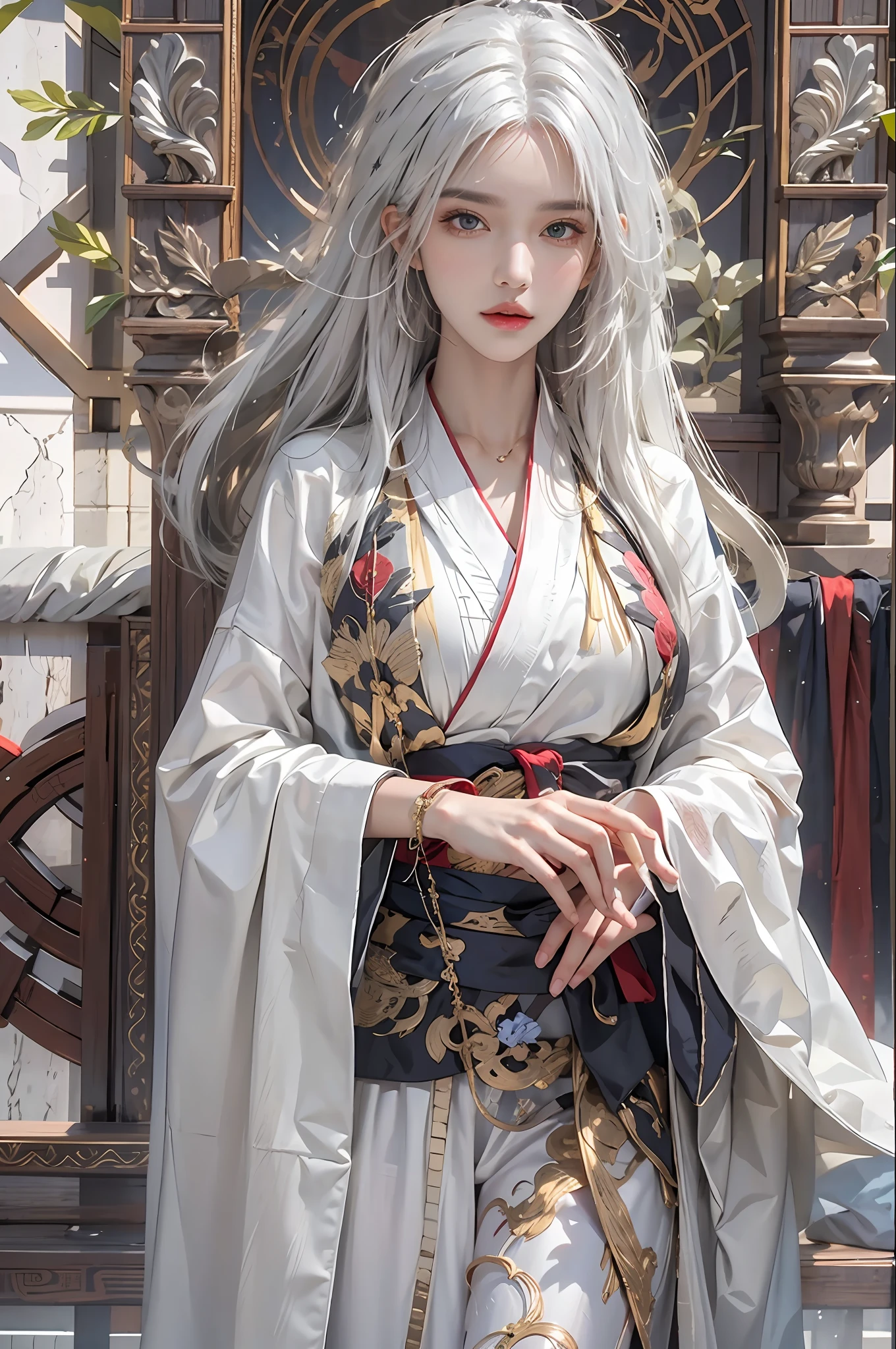 photorealistic, high resolution, 1women, solo, hips up, look at viewer, (detailed face), white hair, long hair, Taoist robe,oversized clothes, jewelry