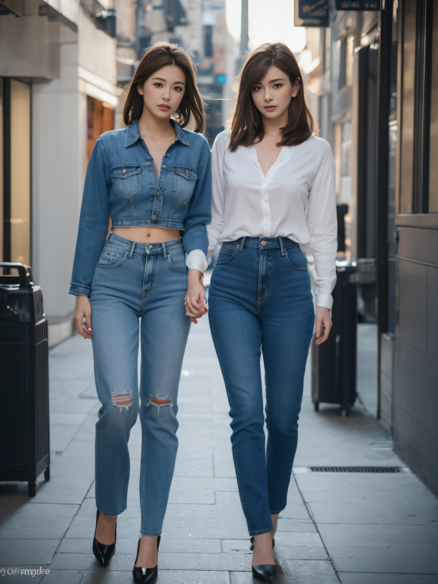 ((Realistic lighting, best qualtiy, 8K, tmasterpiece:1.3)), sharp fokus:1.2, 1个Giant Breast Girl, full bodyesbian，nipple tops，blue denim pants，high-heels，Beautiful Women with Perfect Figure:1.4, ((dark brown  hair)), Ultra-fine face，Fine eyes，二重まぶた，（Outdoor 1.1），the city street