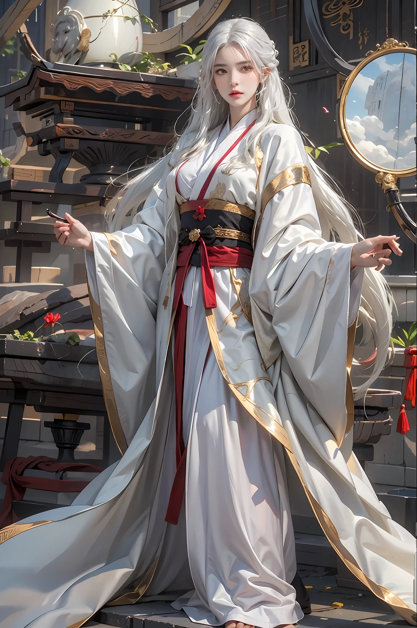 photorealistic, high resolution, 1women, solo, hips up, look at viewer, (detailed face), white hair, long hair, Taoist robe,oversized clothes, jewelry
