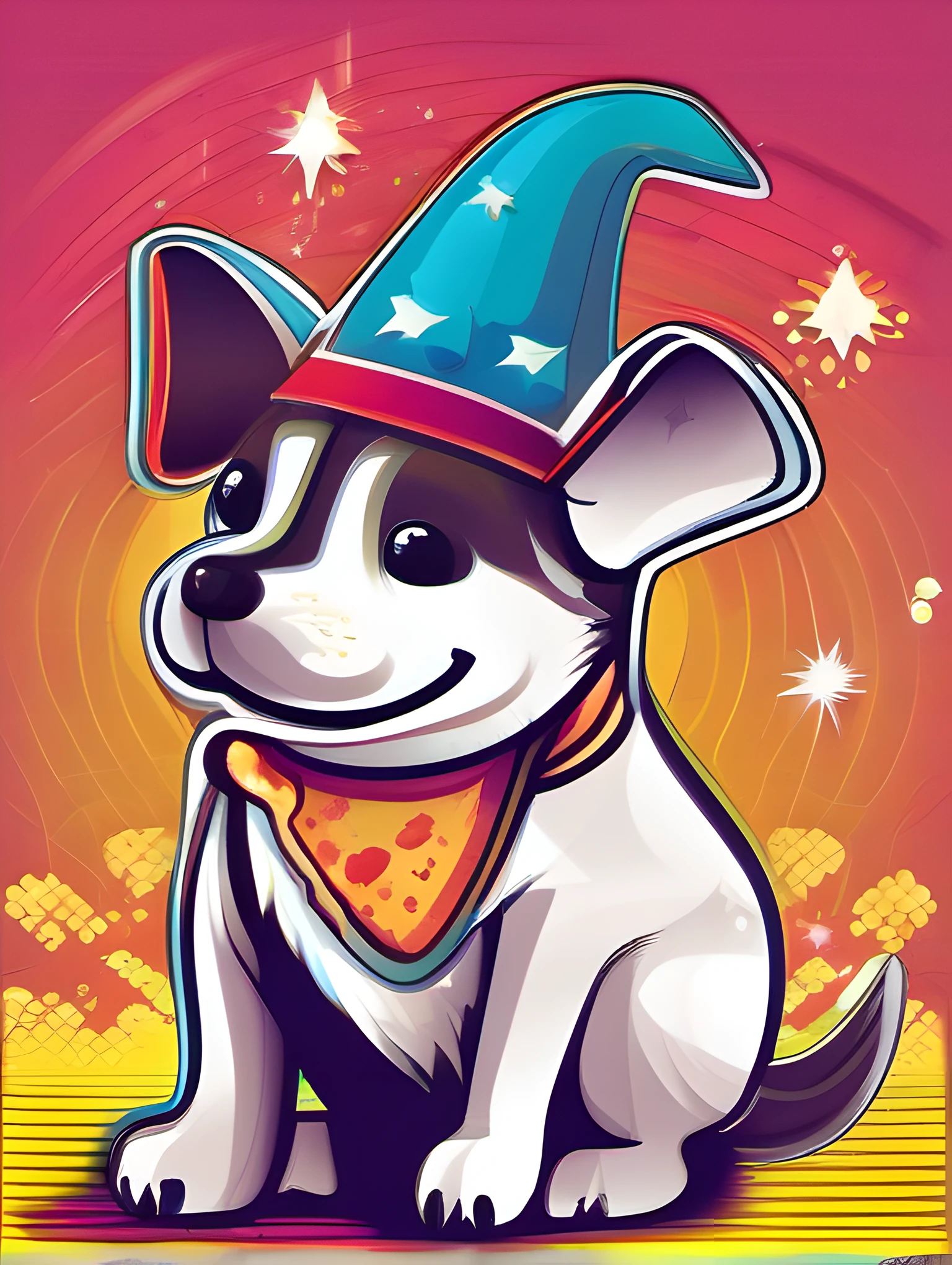 Illustration of dog, cute character, magic, fantasy, clear background, abstract splash background, t-shirt design, vector art