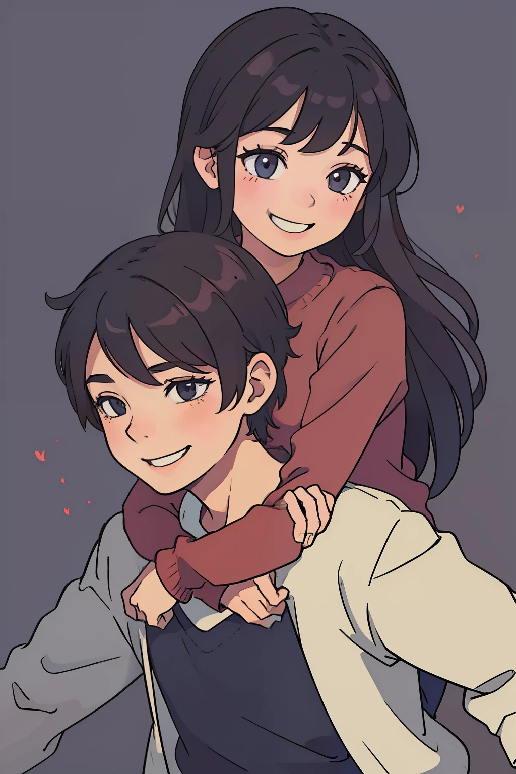 Illustration of a girl hugging a boy from the back, straight portrait, smiling, romantic pose