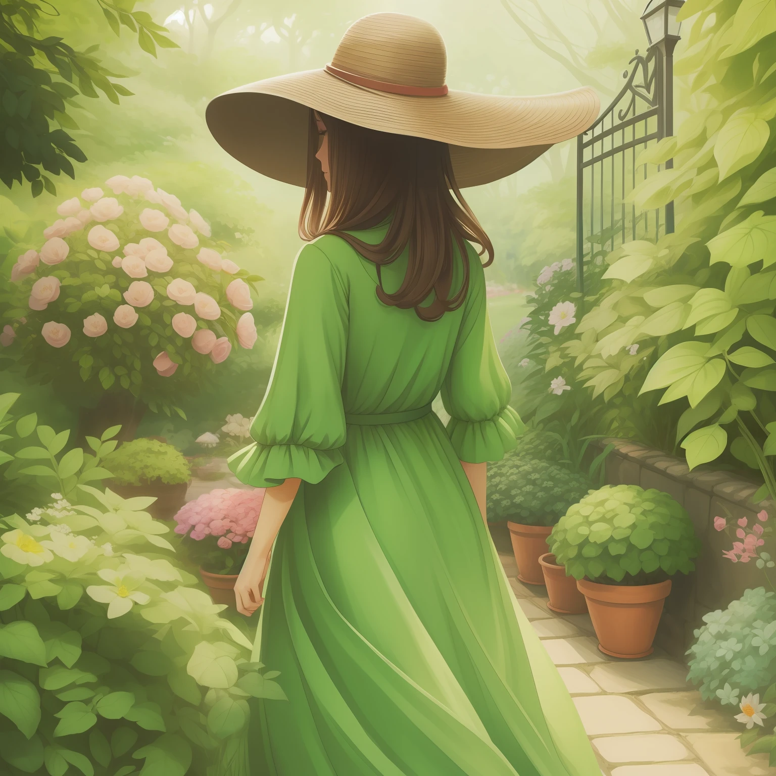 There is a woman in a green dress and hat walking through a garden, she is the center of the garden, No estilo de arte Bowater, em um jardim verdejante, Deusa da Primavera, a beautiful artwork illustration, em um jardim, Soft anime illustration, menina nas flores, Beautiful digital illustration, feito com anime painter studio, Bruxa verde andando em seu jardim
