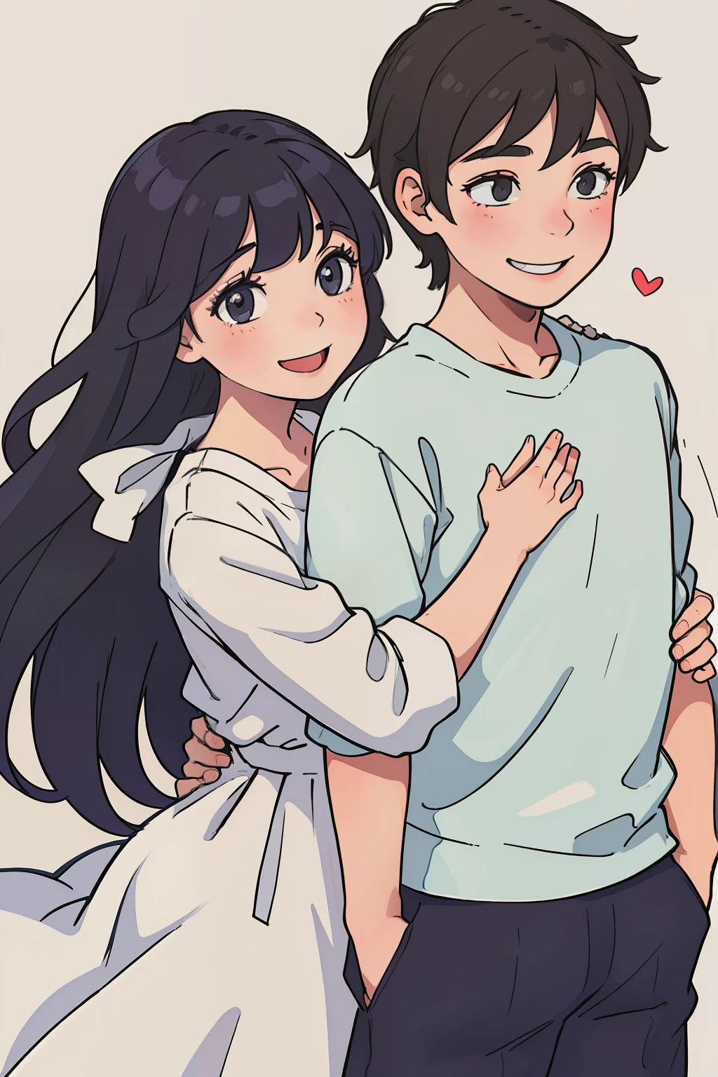 Illustration of a girl hugging a boy from the back, straight portrait, smiling, romantic pose