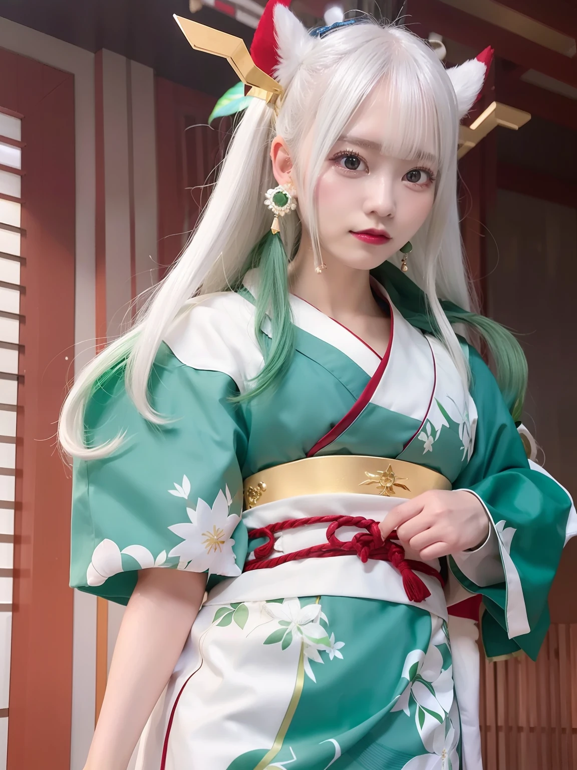 1girl, yamato_5000, white hair, green hair, gradient hair, horns, wanostyle, ring earrings, ((masterpiece)), ((best quality)), extremely detailed, bloom, kimono, traditional clothing, depth of field, sketch, dark intense shadows, sharp focus, soft lighting, hdr, colorful, good composition, solo, indoors, upper body, standing,