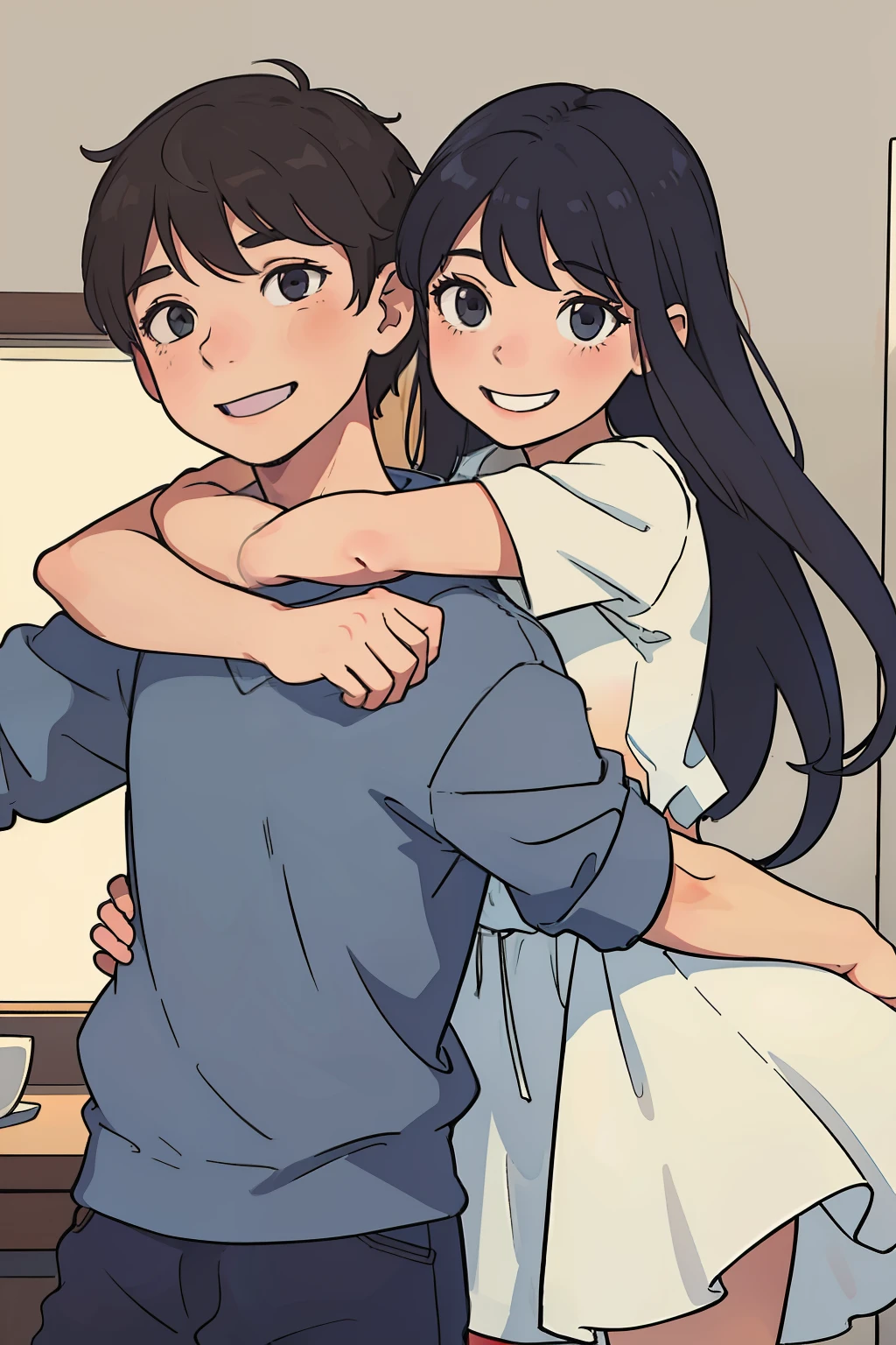Illustration of a girl hugging a boy from the back, straight portrait, smiling, romantic pose