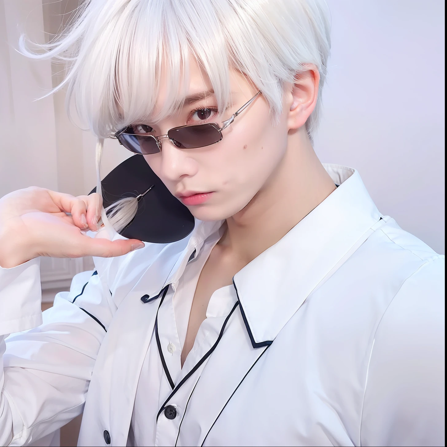 1boy,men face,handsome,closed mouth,long medium hair,white hair,spiky hair,white uniform,open button chest,long sleeve,looking at camera,realistic,more detail,70 mm lens