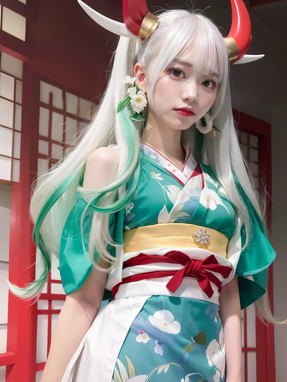 1girl, yamato_5000, white hair, green hair, gradient hair, horns, wanostyle, ring earrings, ((masterpiece)), ((best quality)), extremely detailed, bloom, kimono, traditional clothing, depth of field, sketch, dark intense shadows, sharp focus, soft lighting, hdr, colorful, good composition, solo, indoors, upper body, standing,