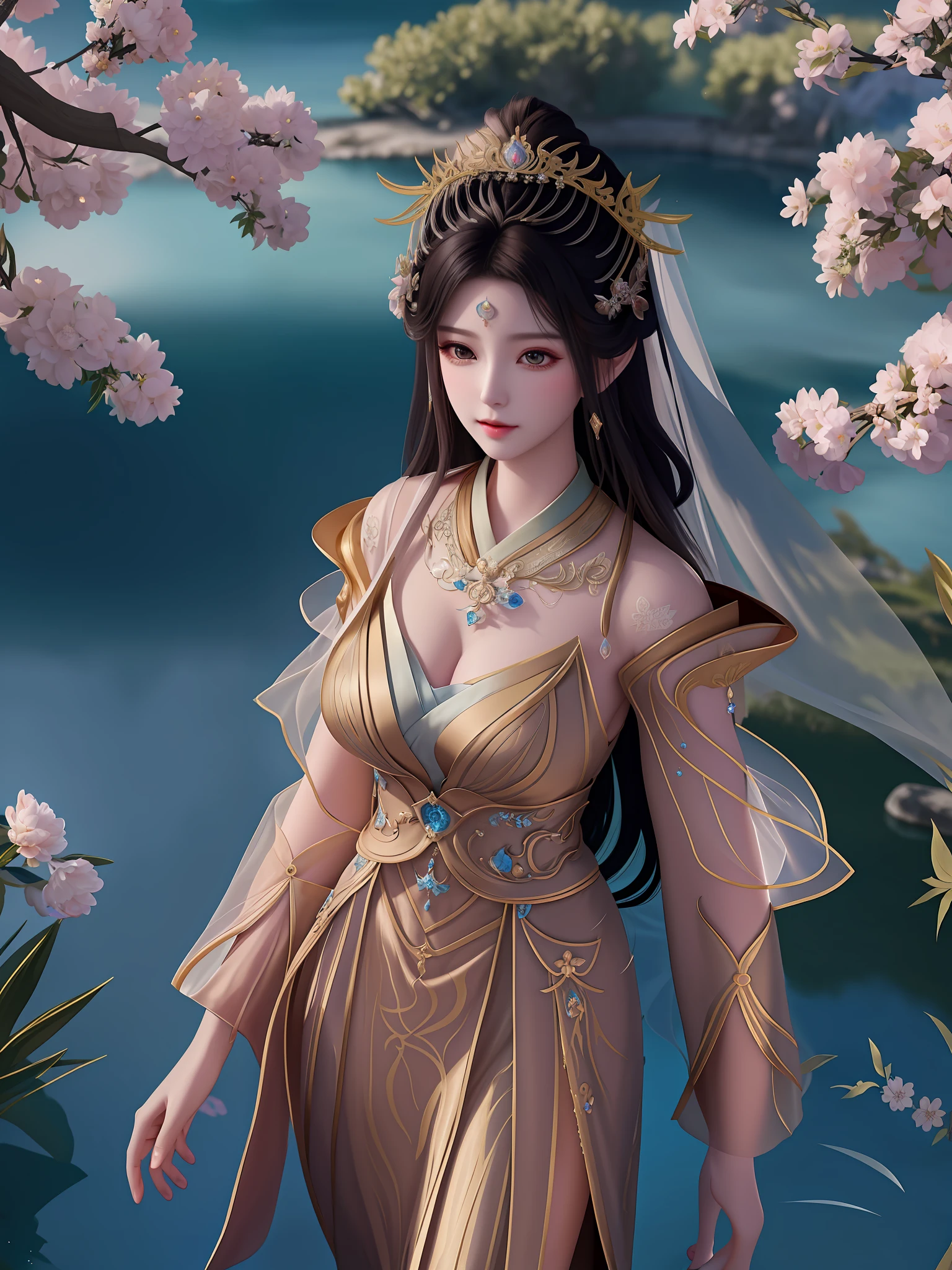 There is one wearing a dress，Veiled woman walking by the river, a beautiful fantasy empress, ((a beautiful fantasy empress)), Palace ， A girl in Hanfu, beautiful fantasy maiden, Inspired by Lan Ying, beautiful and elegant elf queen, Fantasy art style, beautiful teenage girl, Princesa chinesa antiga, 8K high quality detailed art, trending on cgstation