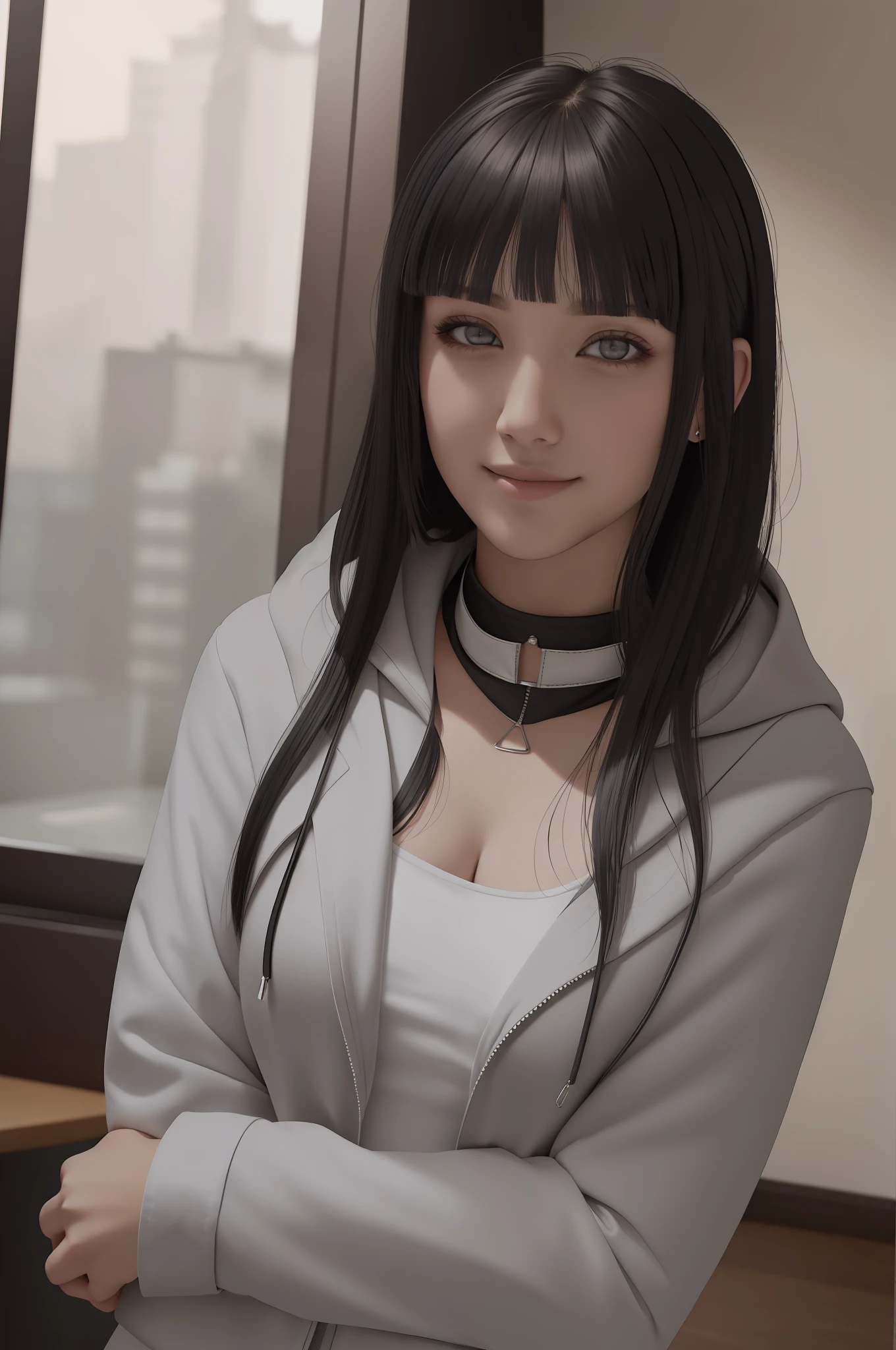 beautiful, masterpiece, best quality, extremely detailed face, perfect lighting, 1girl, hinata, hyuuga hinata, bangs, empty_eyes, black_hair, blunt_bangs, grey eyes, grey sleeves, headband_around_neck, highres, hime cut, hooded_cardigan, long sleeves, looking_at_viewer, petals, smile, solo, straight hair, upper body, hooded jacket, perfect body