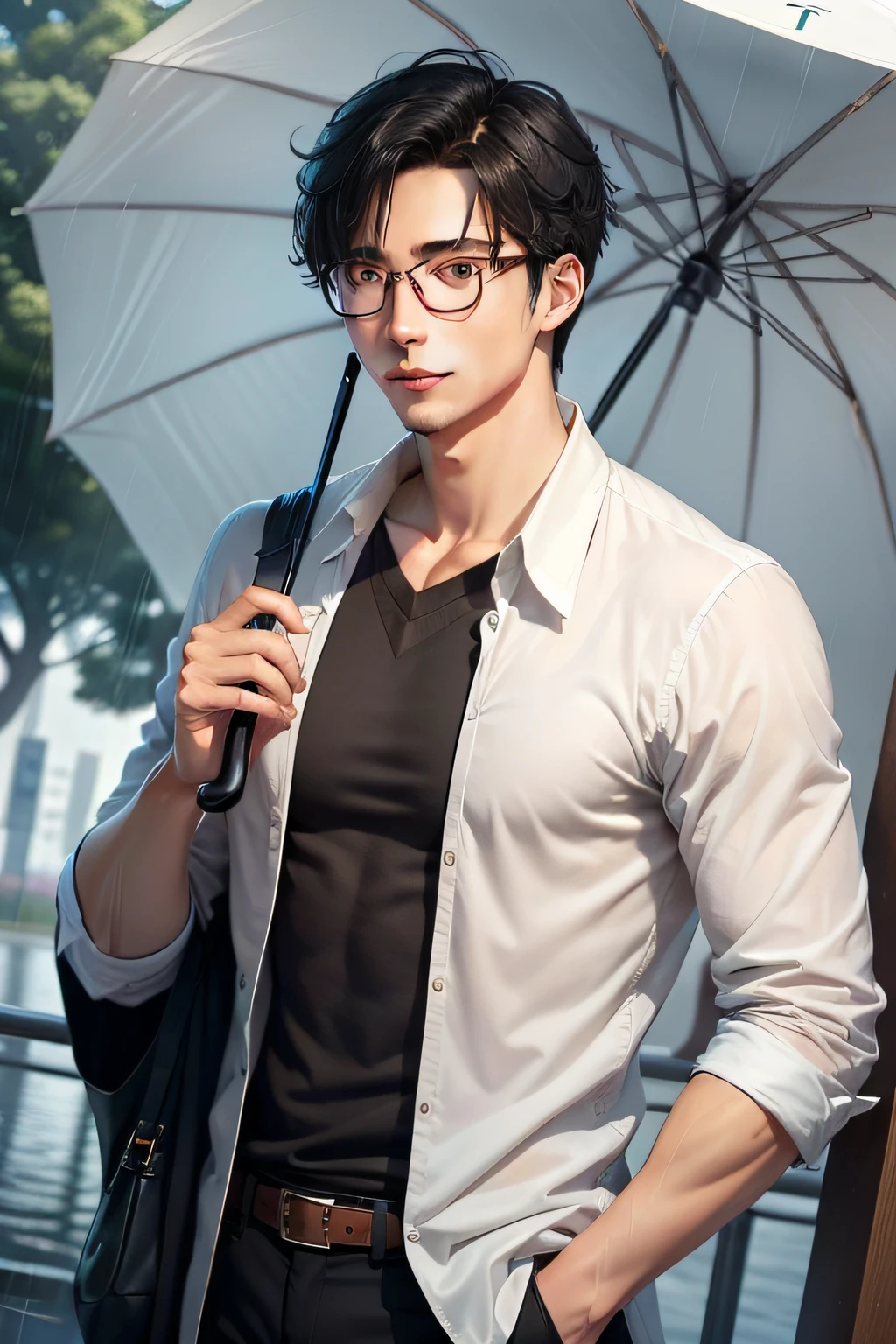 Ideal boyfriend，Handsome，Tall，二重まぶた，largeeyes，Clean and refreshing，wears glasses，Warm and cheerful，with short black hair，Umbrella on rainy days，Superb image quality