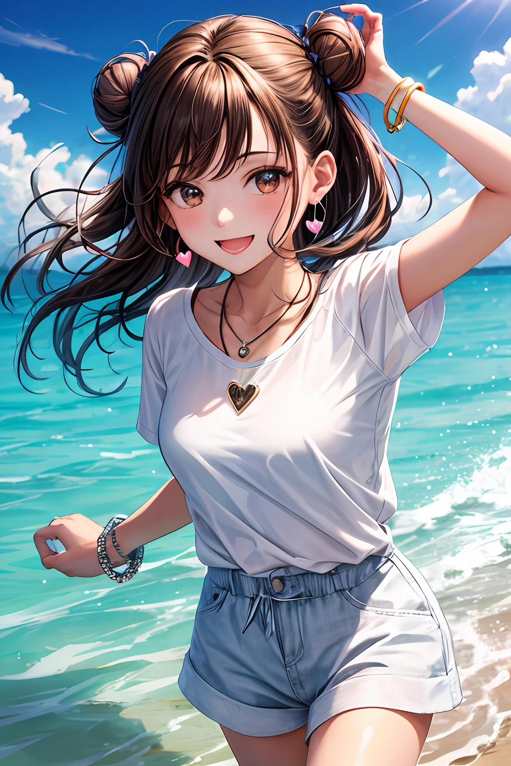 best quality, masterpiece,1 girl, brown hair, brown eyes, Front, detailed face, beautiful eyes, She is wearing a white T-Shirt and having fun on the beach. She looks very happy playing on the beach in her t-shirt . She accessorized with a small, silver bracelet on her wrist. While playing, the girl was drawn in by the colorful and glittering scenery of the sea. She is wearing cute heart-shaped earrings and a matching necklace and smiling in the bright sun, big twin hair bun