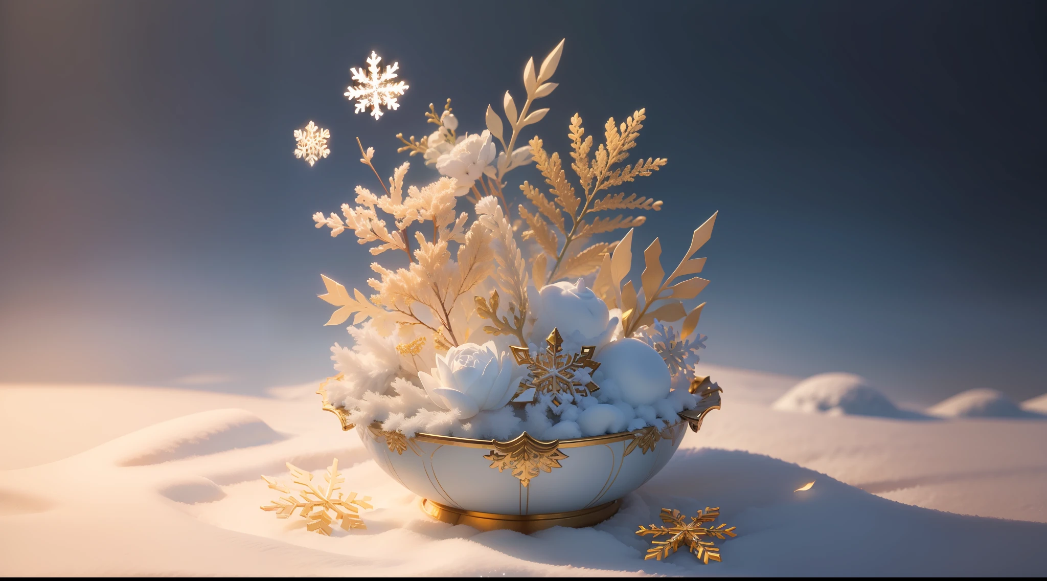 Snowflake、golden colored、white colors、Blue、Yu-hsien、solemnity、Fantastical、Fantastic、Ethereal、Photorealism Based Details Widget 1.3, Ultra-detailed depiction、Cinematic shots with HDR effect、Vignette and center screen、Generate in automatic mode