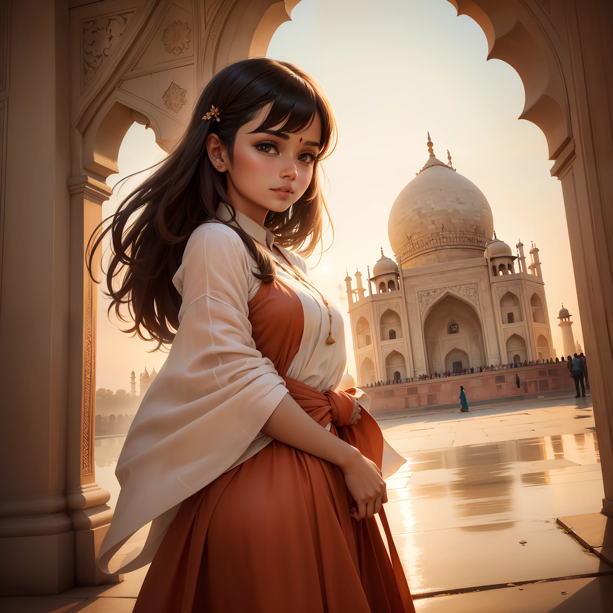 A beautiful girl in saari, infront of Taj Mahal.