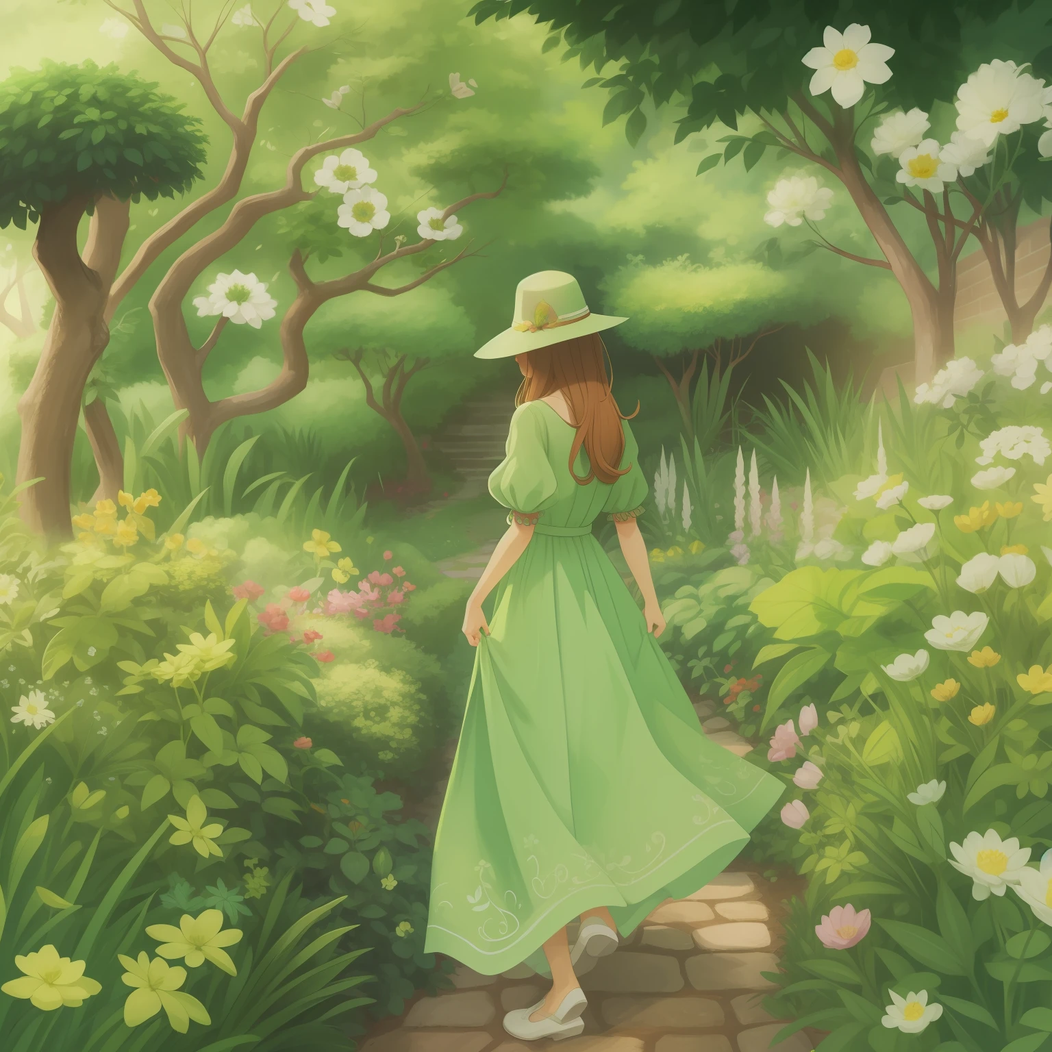 There is a woman in a green dress and hat walking through a garden, she is the center of the garden, No estilo de arte de Bowater, em um jardim verdejante, Deusa da Primavera, a beautiful artwork illustration, em um jardim, Soft anime illustration, menina nas flores, Beautiful digital illustration, feito com anime painter studio, Bruxa verde andando em seu jardim