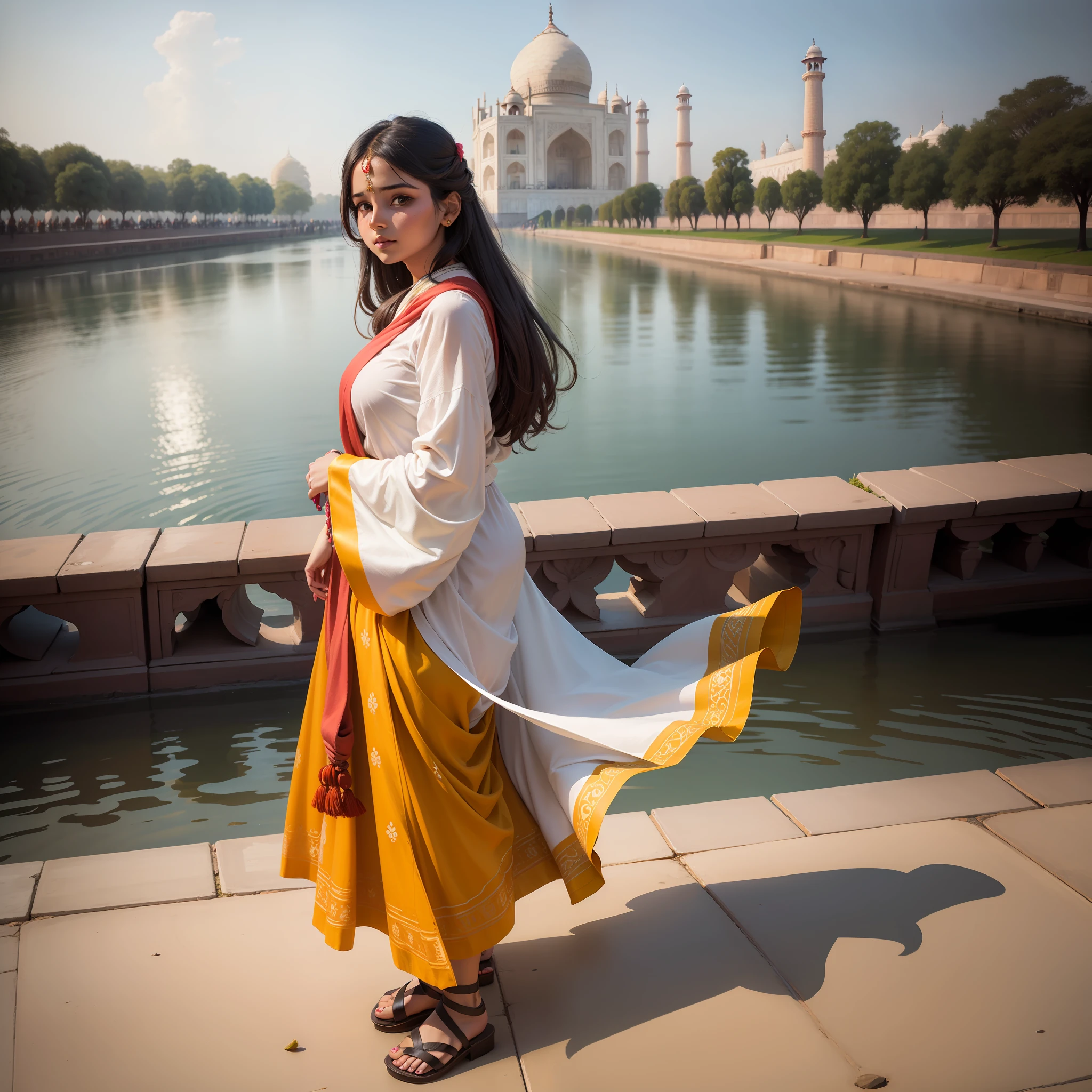 A beautiful girl in saari, infront of Taj Mahal.
