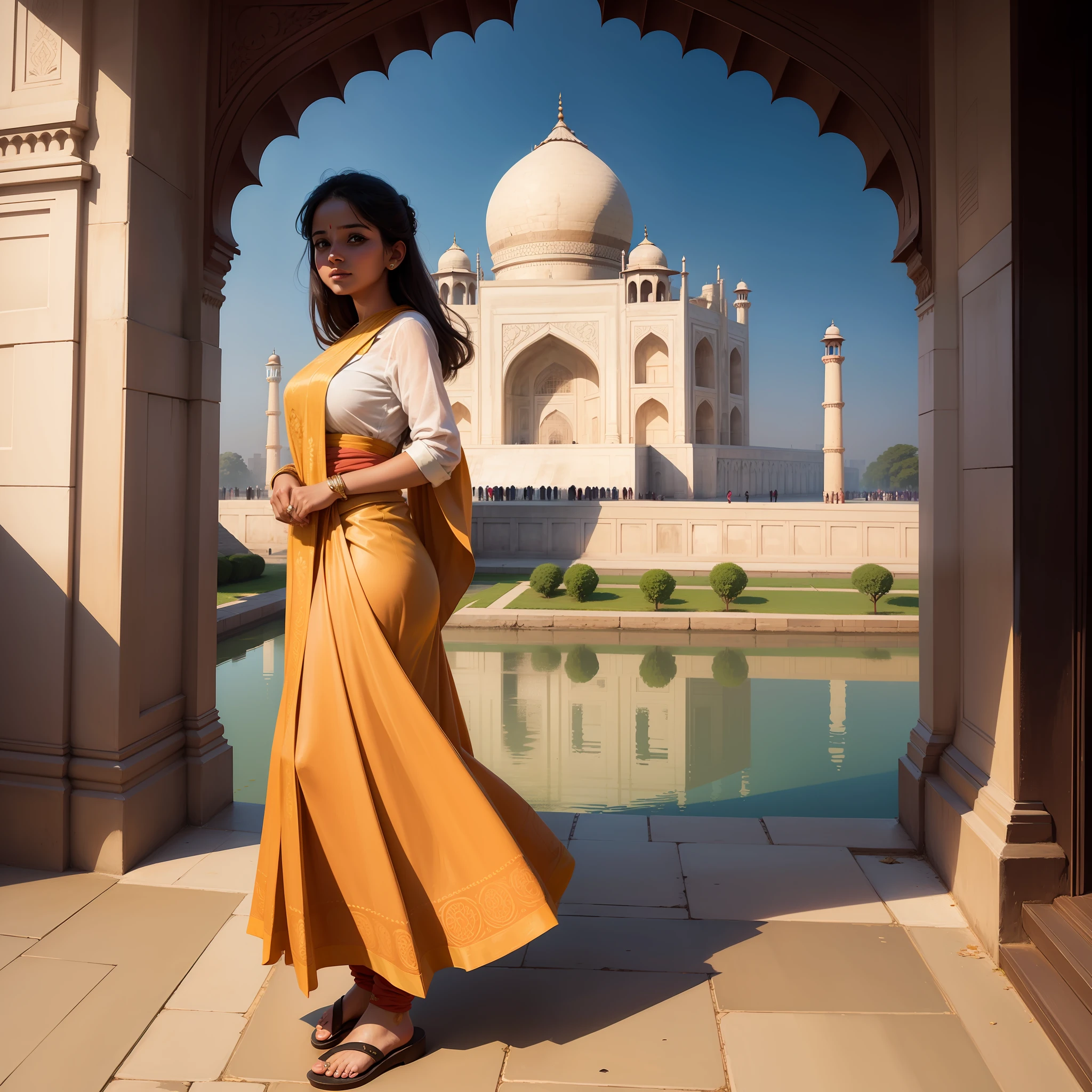 A beautiful girl in saari, infront of Taj Mahal.