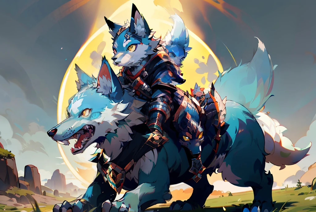 anime style illustration of a wolf with a rider on his back, wolf armor, furry fantasy art, riding a giant silver wolf, wolf companion, from world of warcraft, anthro art, husky in shiny armor, furry wolf, an anthropomorphic wolf, anthropomorphic wolf, angiewolf, epic legends game icon, female anthropomorphic wolf