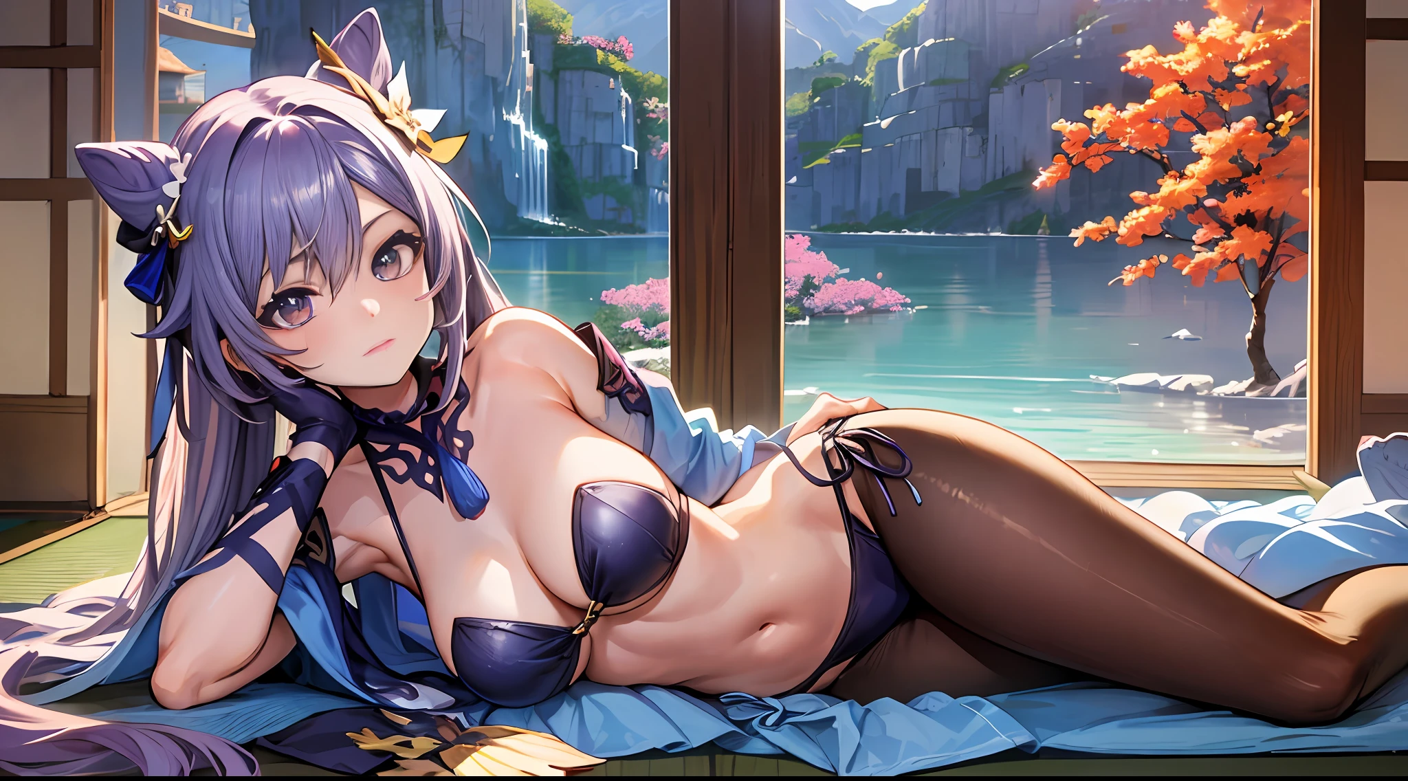Keqing Genshin Impact, Iwhole body, (NSTDA.:1.2), (10, beste-Qualit, master-piece: 1.4), ultra-high resolution, (lifelike, photorealistic portrait: 1.48), 20 age, Cute Girl, (Look neatly through the bikini:1.11), Famous Japanese actors, Beautiful breasts, Blue Eyes, Head tilt, cowboy shot, from the side, looking at the audience, expressionless, Beautiful lake, Zeiss 150mm F/ 2.8 Hasselblad, Whole body, foot, Ultra-Wide Angle
