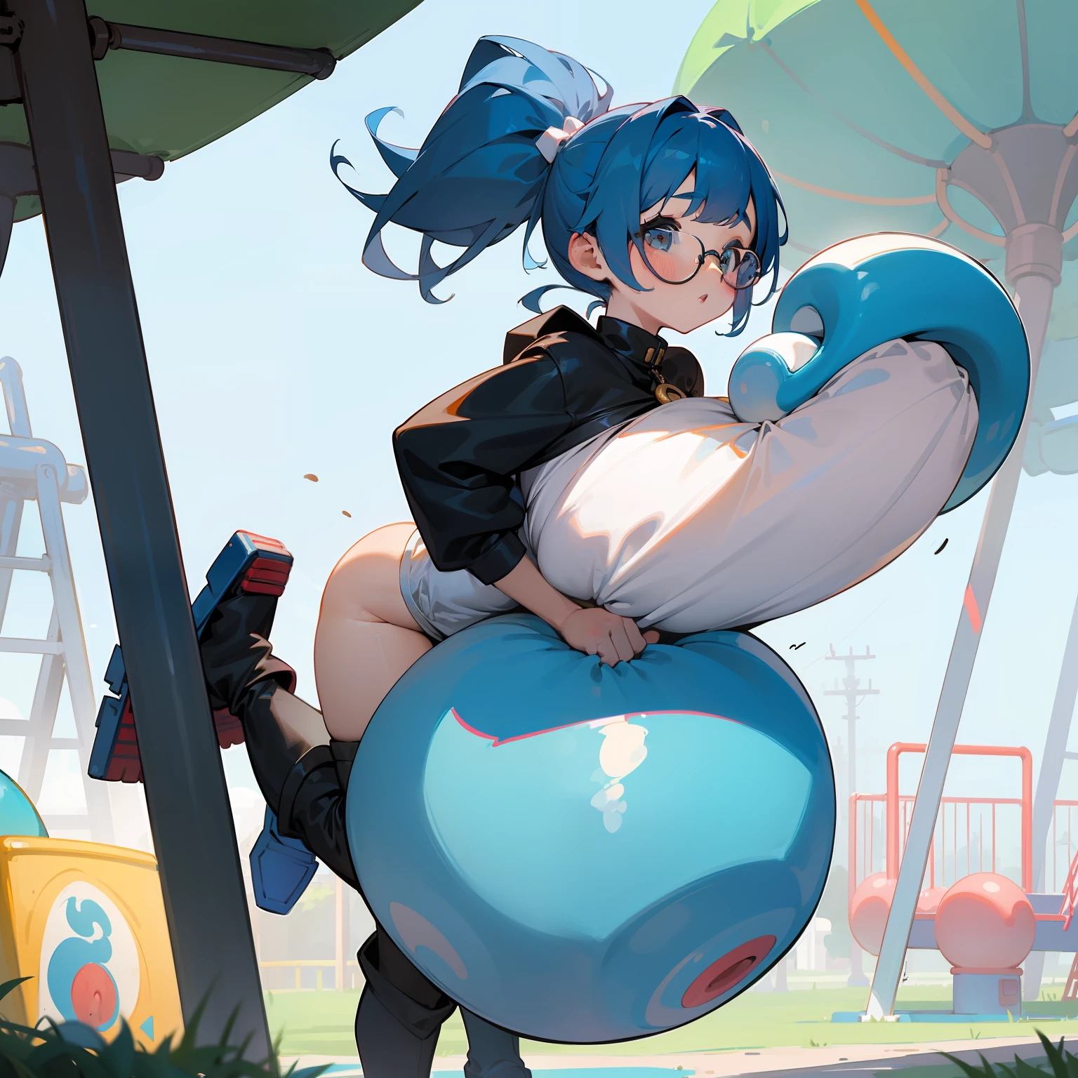 「Oopsy Playground Equipment」The playground equipment called、It was like a huge breast.。Its shape is、Draw soft, rounded curves、Painted in flesh color、Even the nipple-like protrusion was reproduced。toddlers、Blue-haired、Big round glasses、poneyTail、long boots、girl with、Futanari、penis、