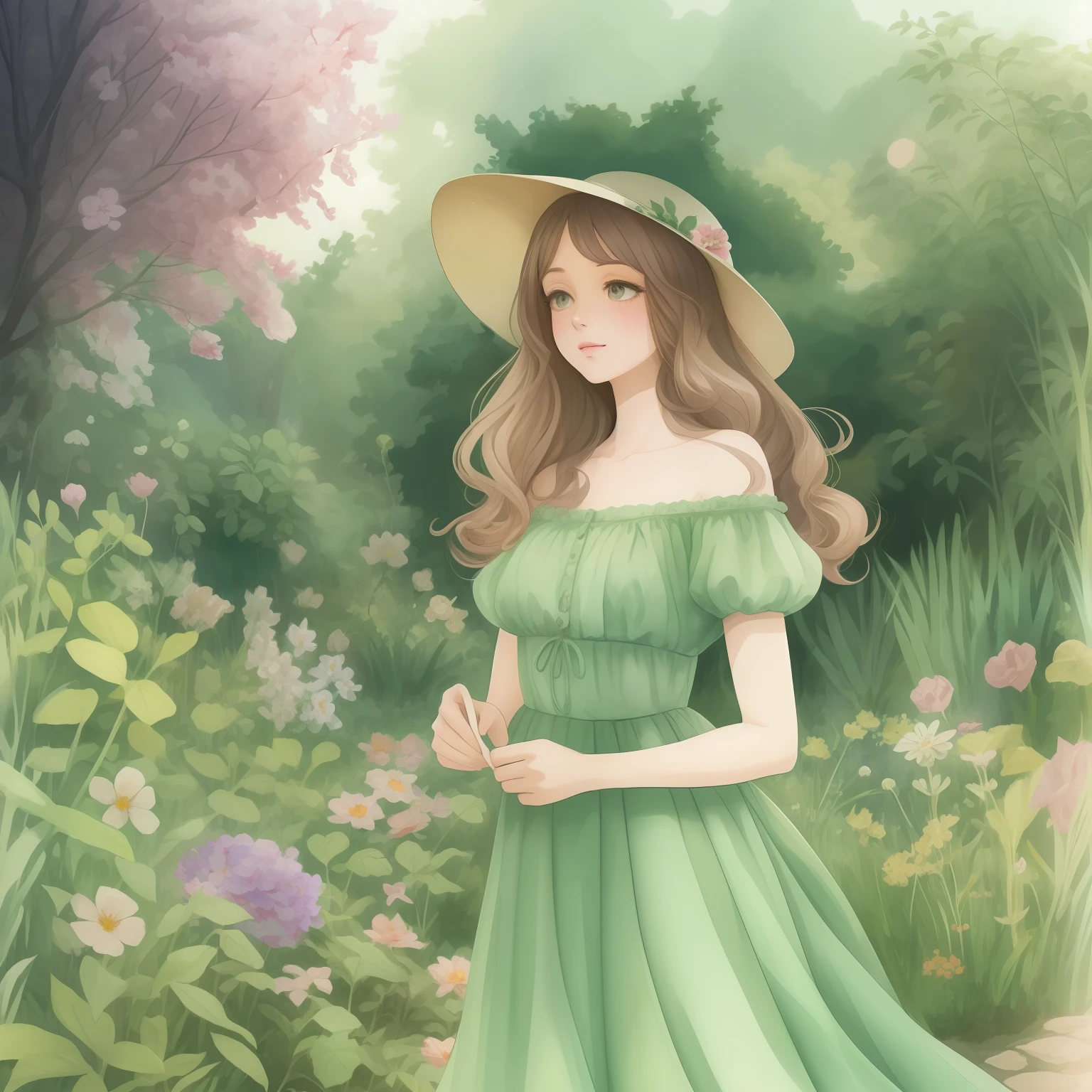 A woman in a purple dress and hat is standing in a garden, menina nas flores, cabelos louros .No estilo de arte de Bowater, watercolor illustration style, menina em um campo de flores, she is the center of the garden, menina em um vestido, Soft anime illustration, fairy-tale illustration style, Menina que caminha em um campo de flores, shoujo vintage, dreamy illustration