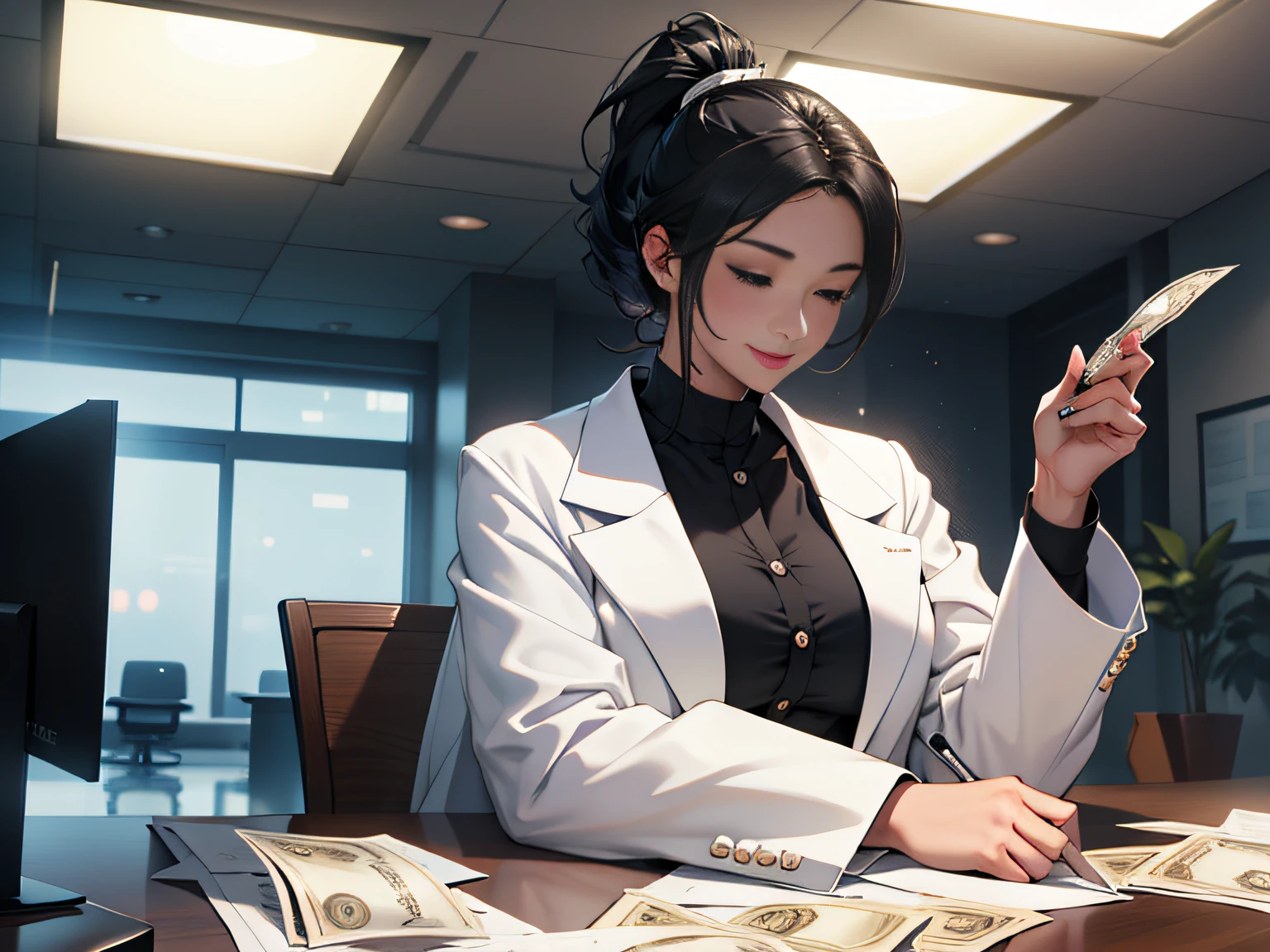 377/5000
Translation
Master, masterpiece, 8K wallpaper, CG, super high picture quality, light and shadow effects
(((( a powerful woman in a white coat with a black ponytail)))) is happily counting money in a luxurious hospital office, sunny