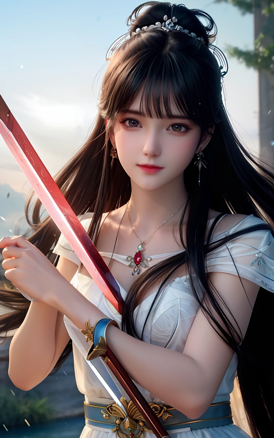 best quality,masterpiece,highres,cg,
1girl,weapon,sword,long hair,dress,water,solo,jewelry,white dress,earrings,hair ornament,splashing,upper body,hair bun,black hair,
lighting,candid,Photograph,high resolution,4k,8k,Bokeh,