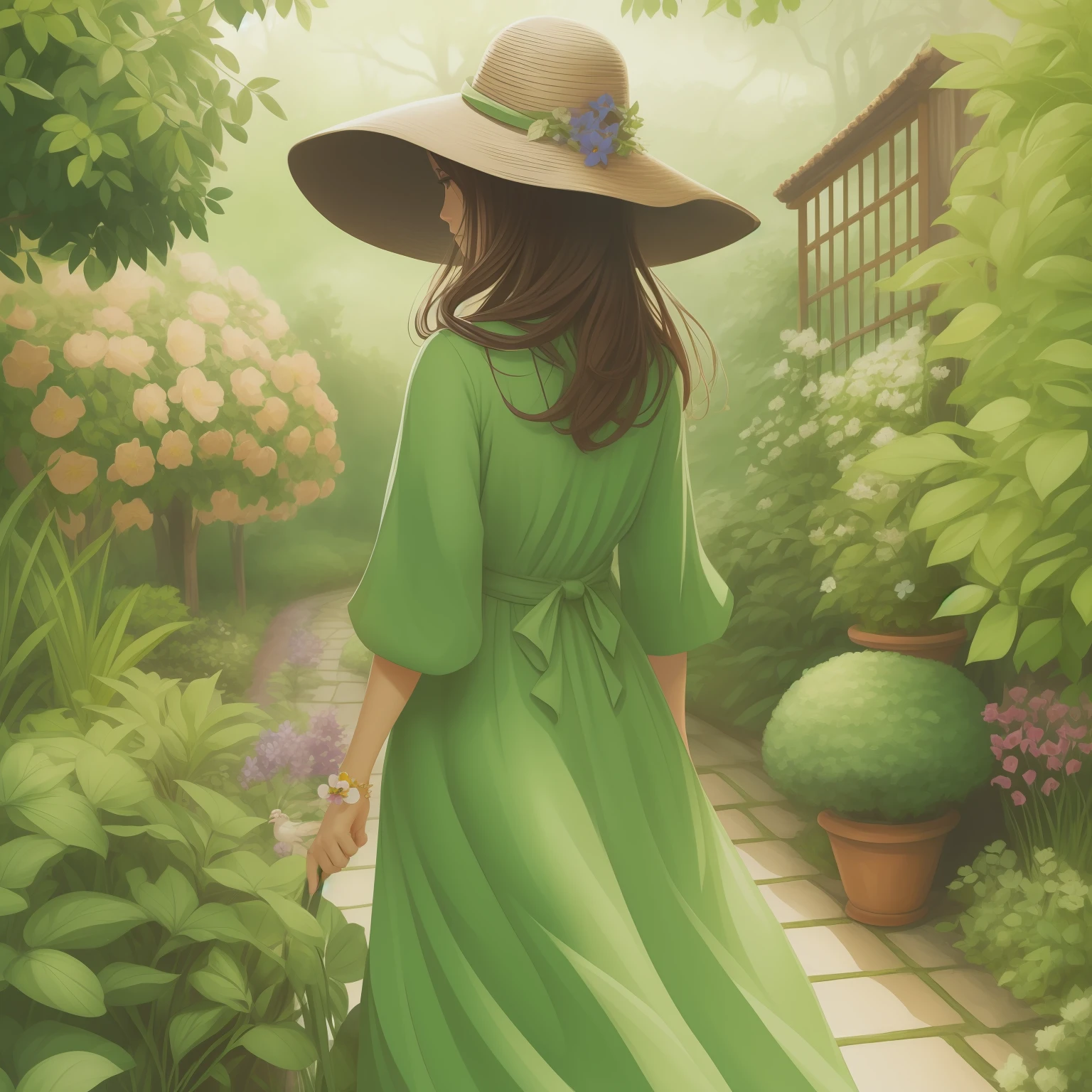 There is a woman in a green dress and hat walking through a garden, she is the center of the garden, No estilo de arte Bowater, em um jardim verdejante, Deusa da Primavera, a beautiful artwork illustration, em um jardim, Soft anime illustration, menina nas flores, Beautiful digital illustration, feito com anime painter studio, Bruxa verde andando em seu jardim