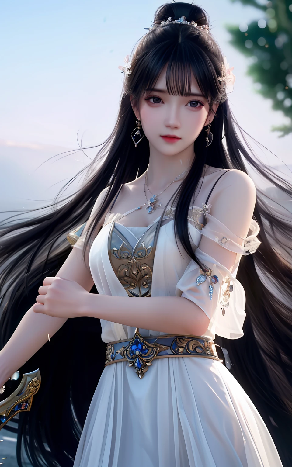 best quality,masterpiece,highres,cg,
1girl,weapon,sword,long hair,dress,water,solo,jewelry,white dress,earrings,hair ornament,splashing,upper body,hair bun,black hair,
lighting,candid,Photograph,high resolution,4k,8k,Bokeh,