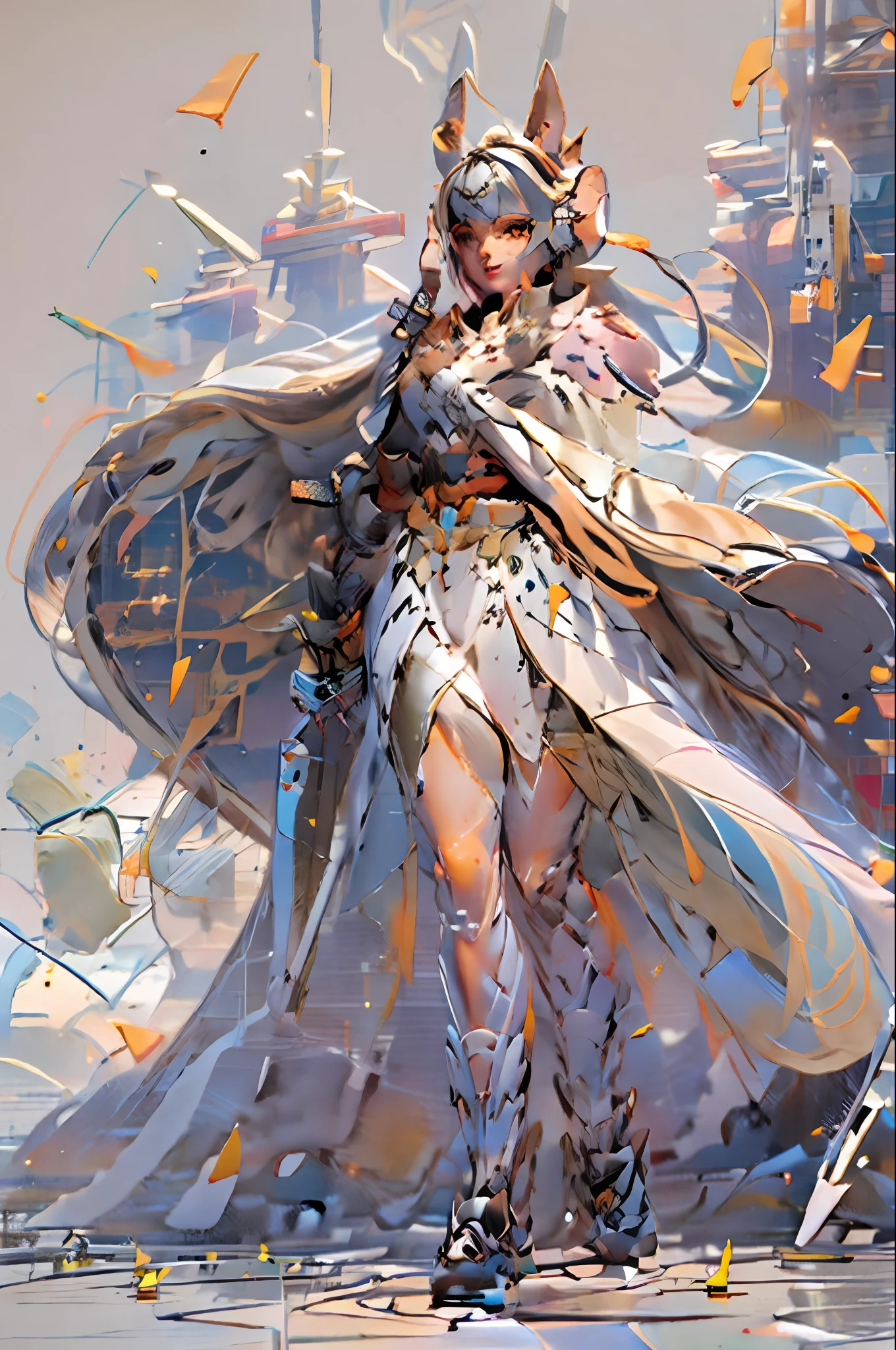 A girl wielding a big sword，is wearing  dress，With horns，Wearing a handsome white cape，Be in a fantasy world。