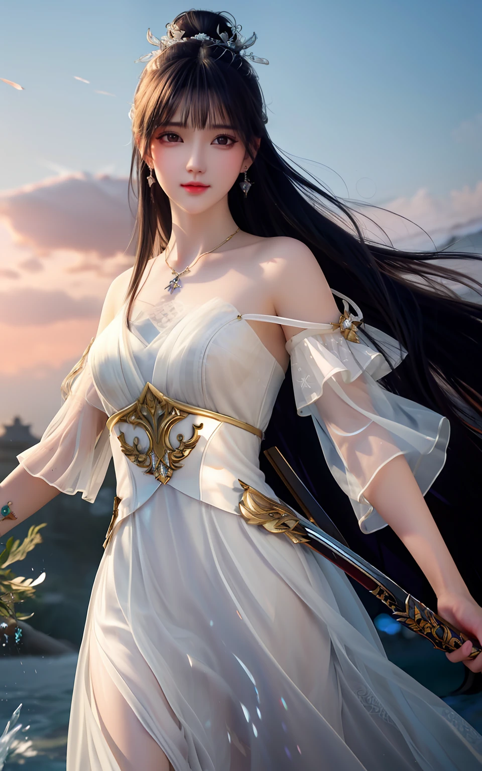 best quality,masterpiece,highres,cg,
1girl,weapon,sword,long hair,dress,water,solo,jewelry,white dress,earrings,hair ornament,splashing,upper body,hair bun,black hair,
lighting,candid,Photograph,high resolution,4k,8k,Bokeh,