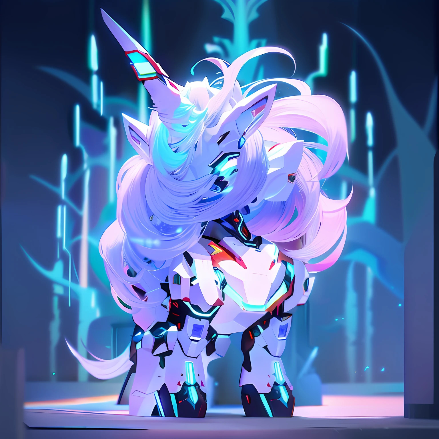 Anime, The mane is shiny、Unicorn with a shiny tail, ethereal and mecha theme, cute cyber gods, Beautiful robot character design, ferra white mecha,  knights of zodiac girl, mecha animal, advanced digital chibi art, metal and glowing eyes, in opal armor, white color mecha, cool mecha style