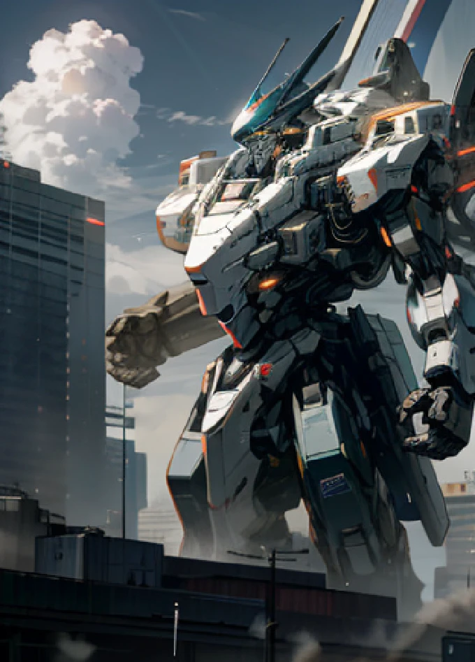 sky, cloud, holding_weapon, no_humans, glowing, , robot, building, glowing_eyes, mecha, science_fiction, city, realistic,mecha