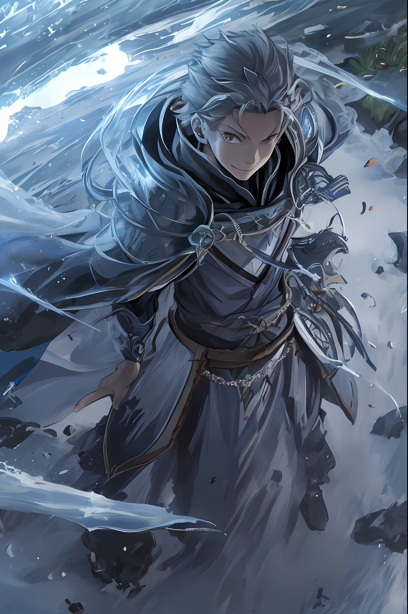 （1 Adult male），A high resolution， Sharp focus， Pixiv masterpiece， （（Complicated details））， highly  detailed， natsuki_subaru， 1 man， ssmile，full bodyesbian， greene eyes（eyes glowing）， with short white hair，Armour，cloaks，Shoulder armor，perspire，look from down