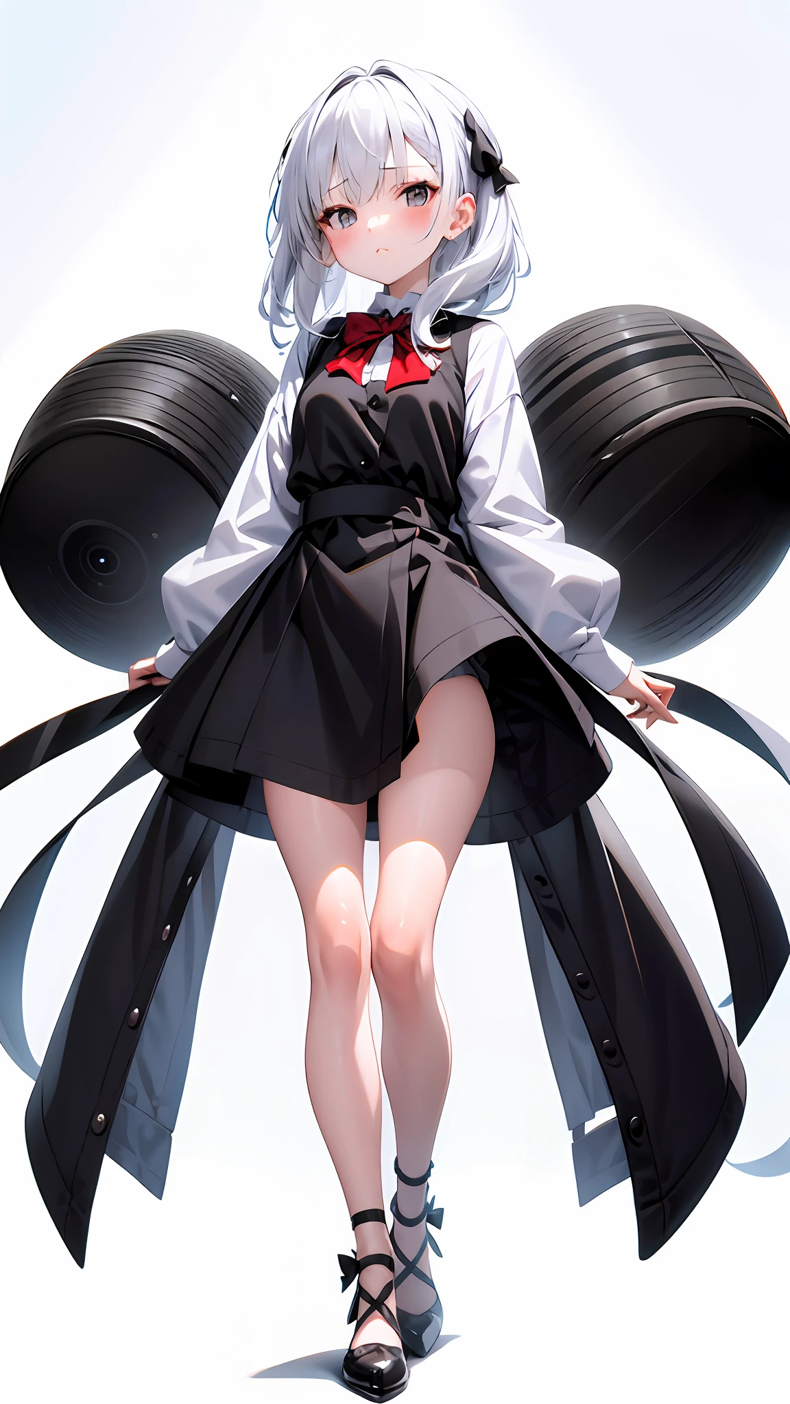 [(White background:1.5)::5], (Bottle bottom:0.9), 1 girl, Medium Shot Shot, full bodyesbian,White hair,Black dress,Red bow,Black shoes,bule eye,Long legs,right leg on,black sock, Supermarket