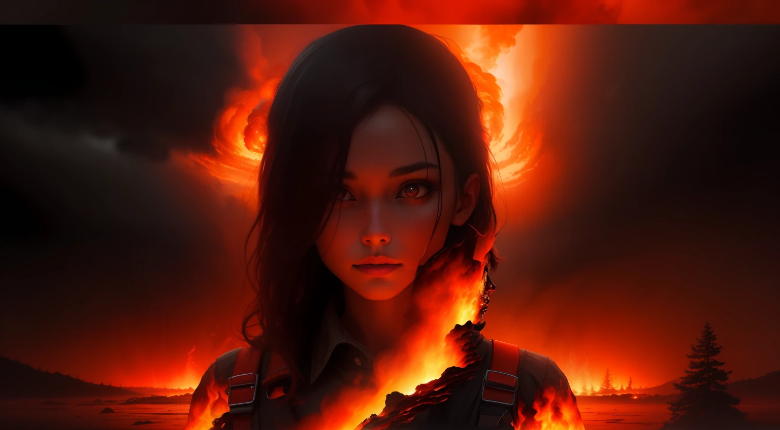 [Hell view of fire in the distance：very pretty girl：0.5] Immerse yourself in a huge rain of fire，Live in hell，Behind the fire，borgar，meteorite， （Doubleexposure：1.3），Surreal dreams，Black and red atmosphere，dyna，hdr