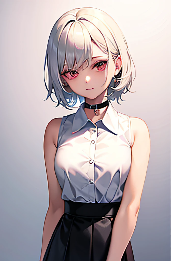 best quality, ultra high res, 1girl, sleeveless white button shirt, black skirt, black choker, cute, (Kpop idol), (aegyo sal:1), (platinum blonde hair:1), ((puffy eyes)), looking at viewer, full body, facing front