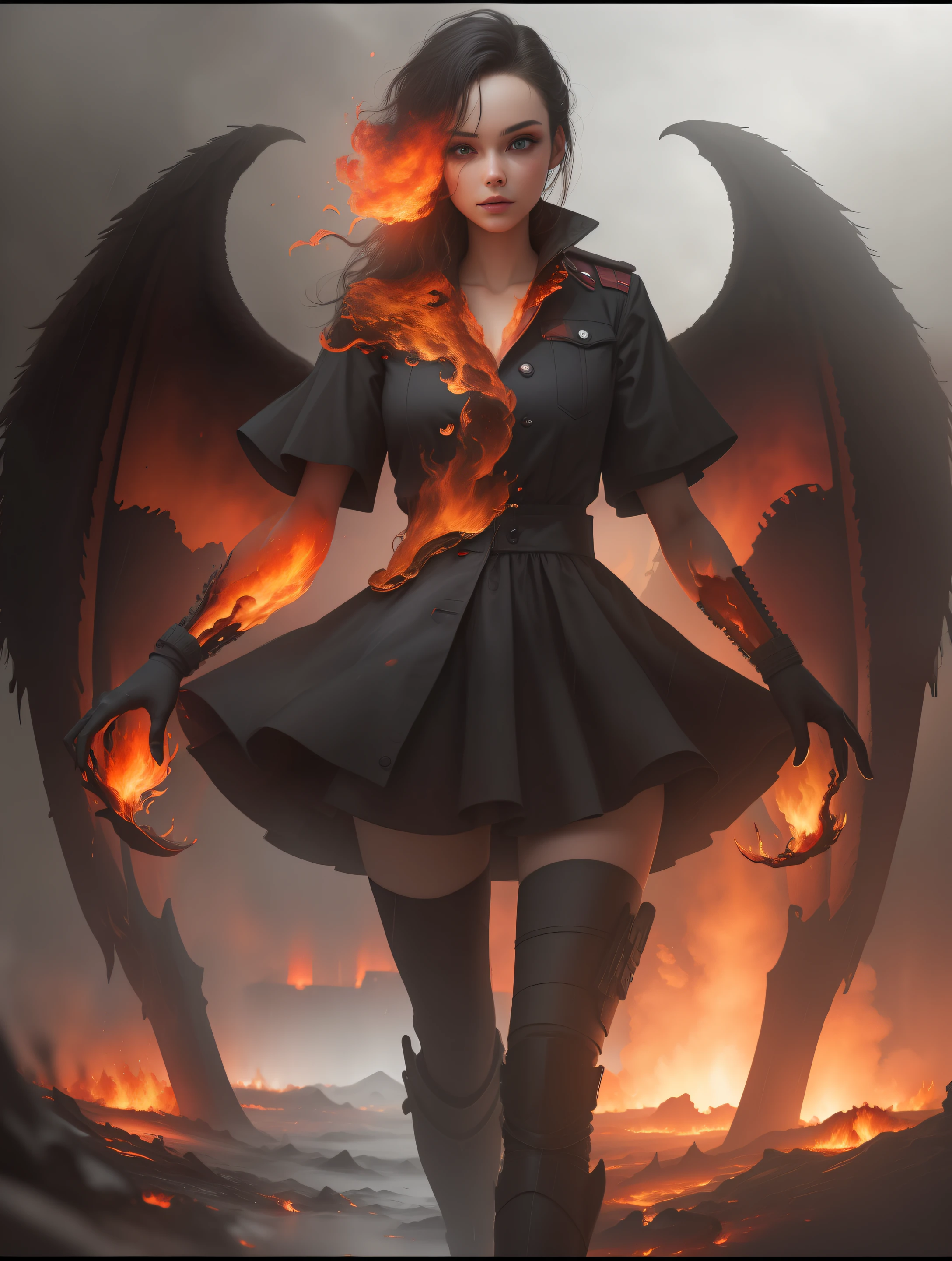 [Hell view of fire in the distance：very pretty girl：0.5] Immerse yourself in a huge rain of fire，Live in hell，Behind the fire，（Doubleexposure：1.3），Surreal dreams，Black and red atmosphere，dyna，hdr