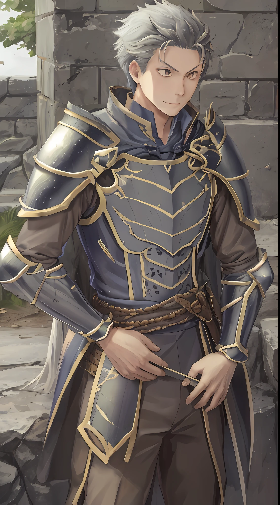 (1 Adult male),A high resolution, Sharp focus, Pixiv masterpiece, ((Complicated details)), highly detailed, natsuki_subaru, 1 man, ssmile,full bodyesbian, greene eyes(eyes glowing), with short white hair,Armour,cloaks,Shoulder armor,perspire,look from down
