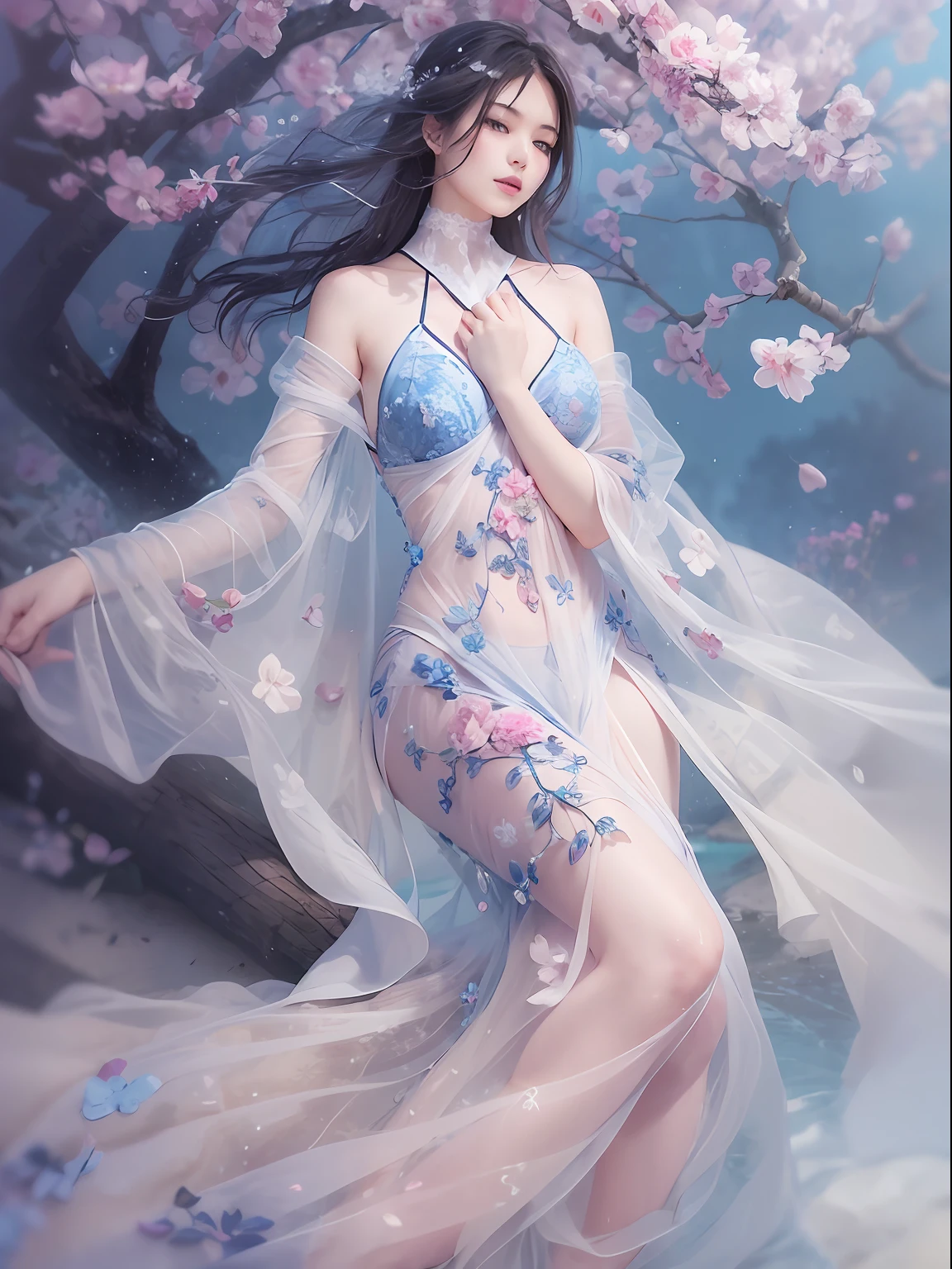 loose outfit、Show shoulders、How to wear a gown with a broken see-through halter neck、Decorated with intricate patterns and pastel colors、Transparent material that makes the skin shine、Artistic depiction of seductive woman in gown with wet thin cloth and transparent skin, Floral and fantastic pattern with flowing silky traditional see-through skin。Her dress draped elegantly around her curvaceous figure、Emphasizes her charming silhouette。She's a gentle fireworks night、Dynamic Posing、Sexy Posing、bathed in the soft glow of moonlight。The scene is、With a hint of mystery and sensuality、It exudes an ethereal dreamy atmosphere。The image style is、It incorporates a blend of watercolor and digital illustration techniques.、It makes you feel delicate beauty and charm。Soft moonlit lighting、Cast gentle highlights and shadows on her mesmerizing features。Dynamic Posing、Bold poses、The hand is somewhere、see -through、show through、A sexy、Wet hair、Wet、cherry trees、flower petals、cherryblossom、The cherry tree、Sakura blizzard、buried、Transparent skin、Wet clothes、Chest Pulling、Translucent clothes、Eau、nudde、