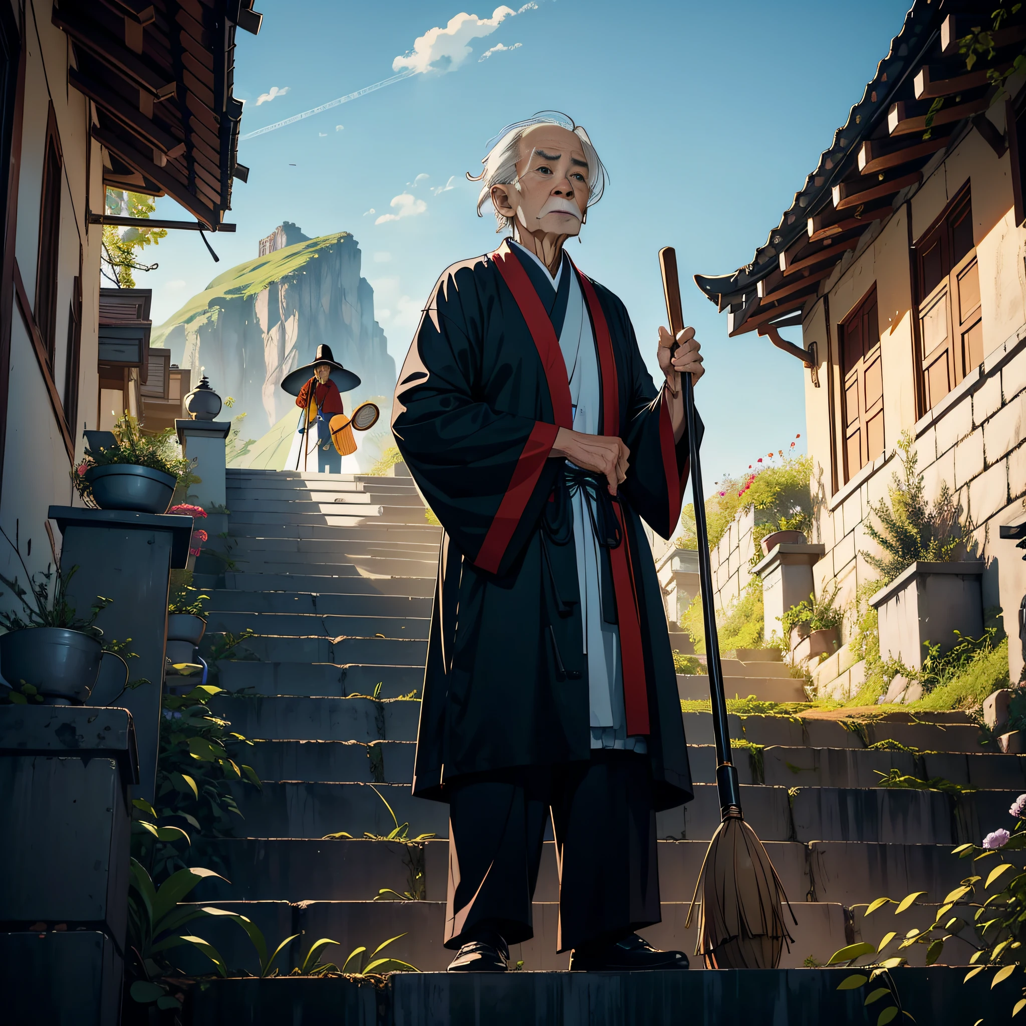 An elderly Taoist priest holds a broom in his hand,Exposing the shocked upper body, Show the camera,Stand on the stairs of the mountain
Take a broom,surprise