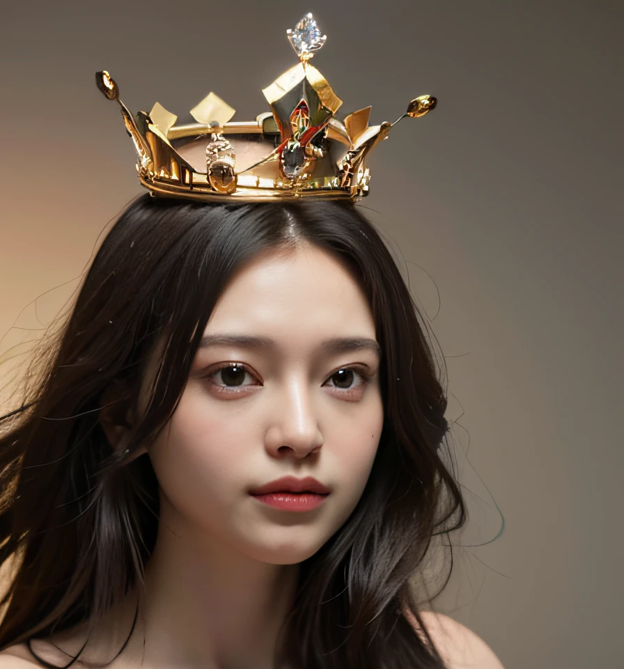 with a crown on her head，The background is the Araved woman of the logo, wearing crown, Wearing a crown, wearing tiara, floating crown, with crown, crown, queen crown on top of her head, wearing a paper crown, Crown on head, wears a light grey crown, With a crown, wearing huge golden crown, resembling a crown