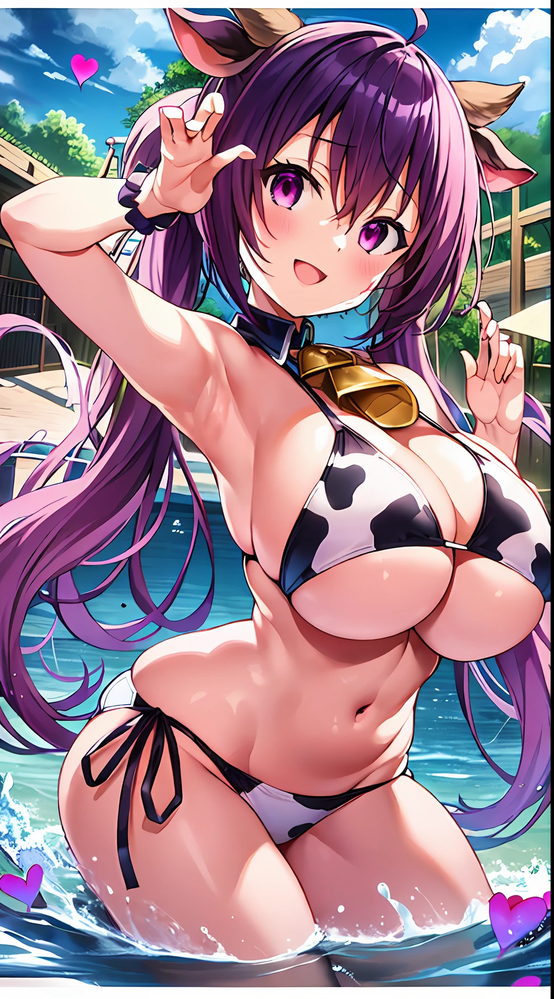 (masutepiece:1.0), (Illustration), (Extremely detailed), (1girl in), (huge-breasted), (Massive), (Smile), (from front), (Looking at Viewer), (Twintail), (outstretched arm), (Cow paint), (bikini of), (heart mark), (lake)