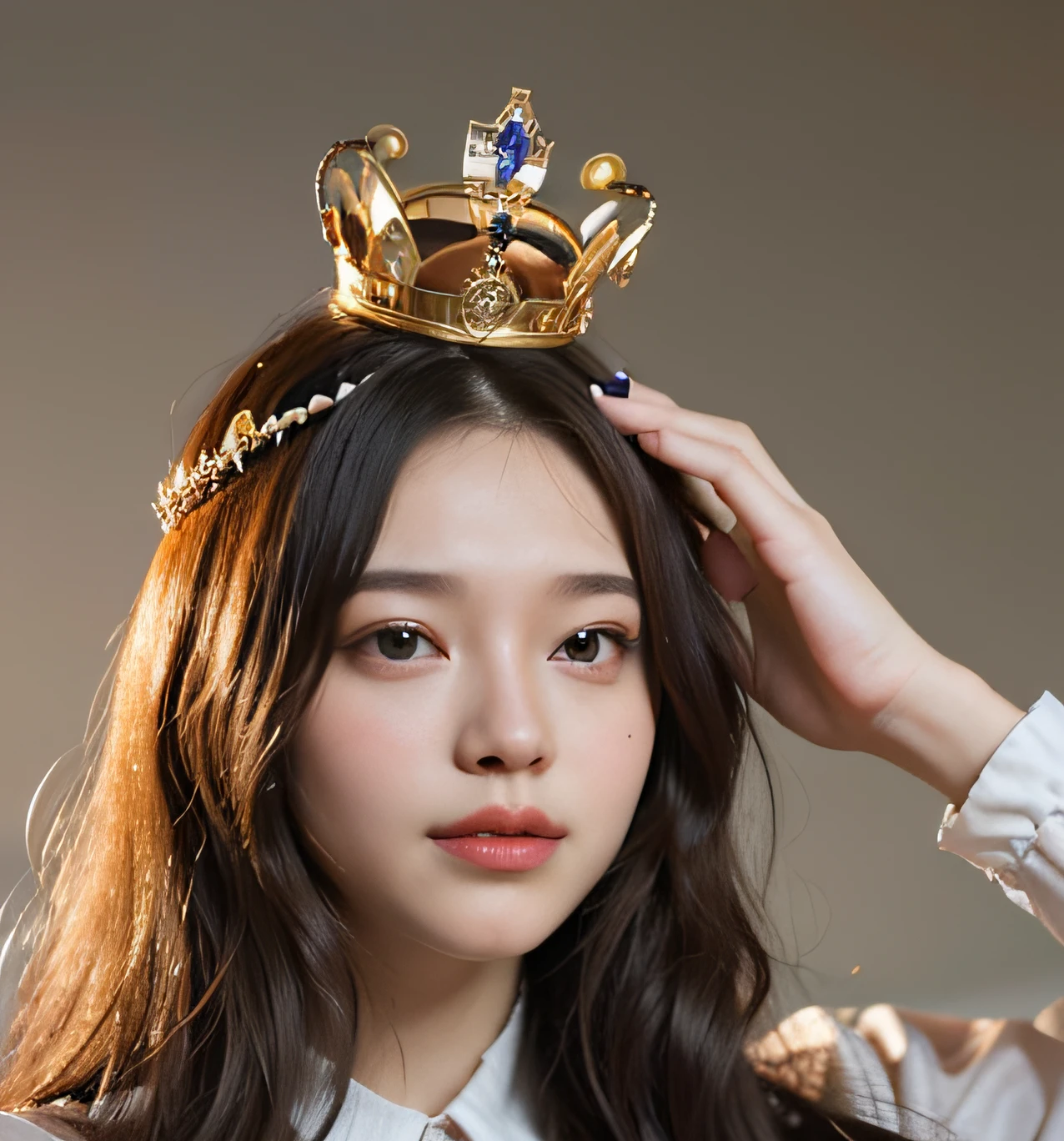 with a crown on her head，The background is the Araved woman of the logo, wearing crown, Wearing a crown, wearing tiara, floating crown, with crown, crown, queen crown on top of her head, wearing a paper crown, Crown on head, wears a light grey crown, With a crown, wearing huge golden crown, resembling a crown